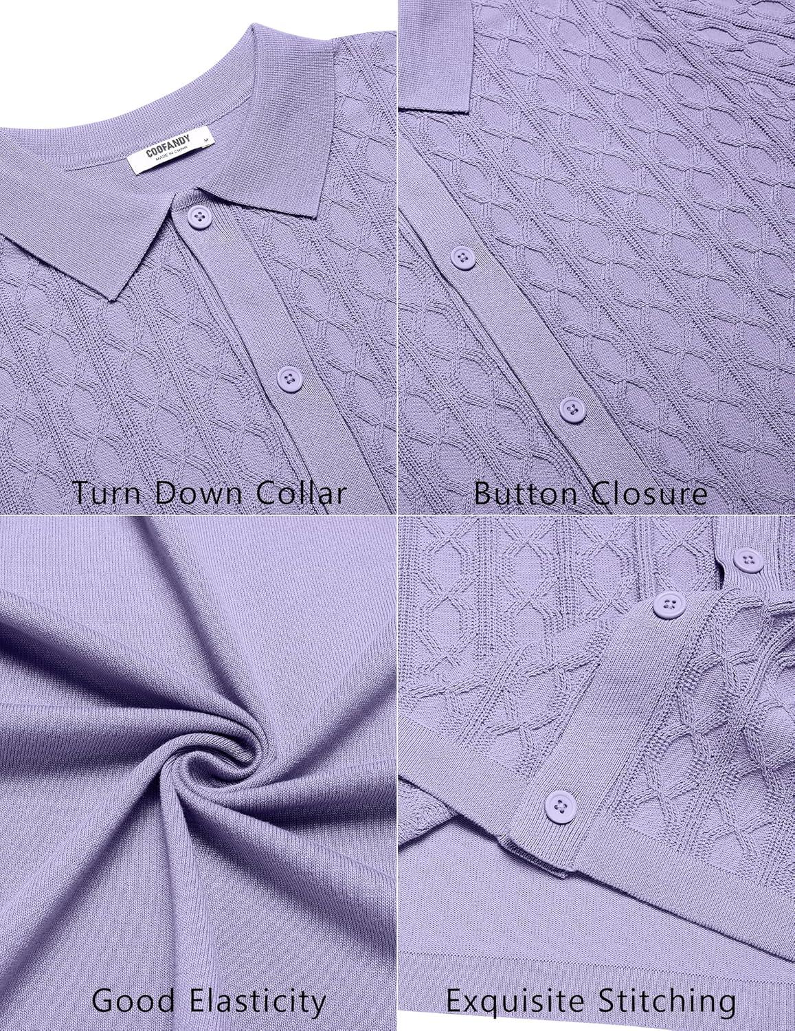 imageCOOFANDY Mens Knit Short Sleeve Shirts Button Down Vintage Knitted Polo Shirt Casual Beach Crochet Cable Vacation ShirtLilac Purple