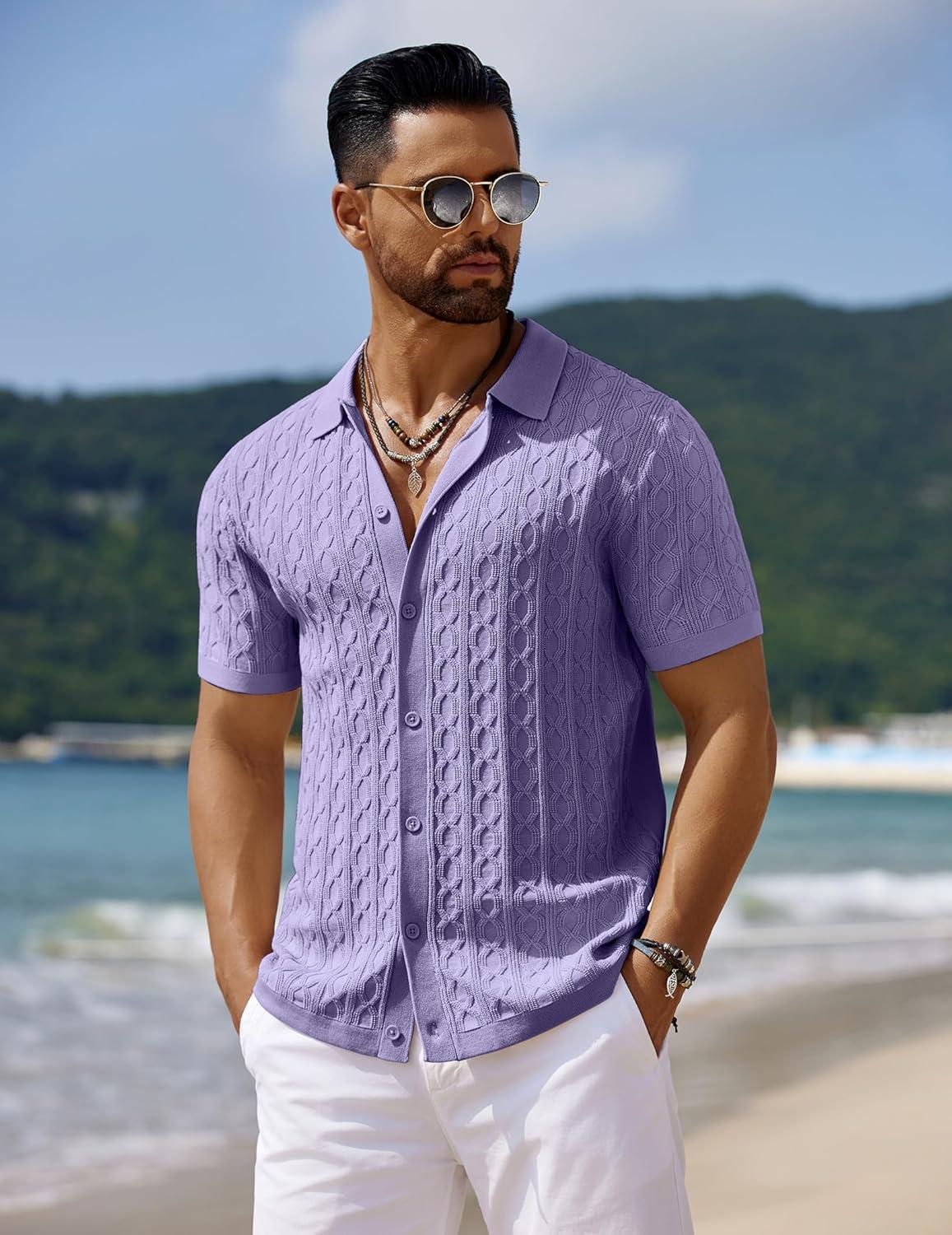 imageCOOFANDY Mens Knit Short Sleeve Shirts Button Down Vintage Knitted Polo Shirt Casual Beach Crochet Cable Vacation ShirtLilac Purple