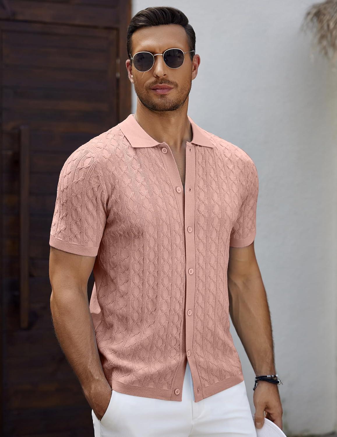 imageCOOFANDY Mens Knit Short Sleeve Shirts Button Down Vintage Knitted Polo Shirt Casual Beach Crochet Cable Vacation ShirtLotus Root Pink