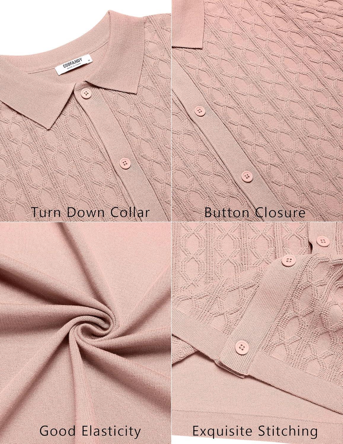 imageCOOFANDY Mens Knit Short Sleeve Shirts Button Down Vintage Knitted Polo Shirt Casual Beach Crochet Cable Vacation ShirtLotus Root Pink