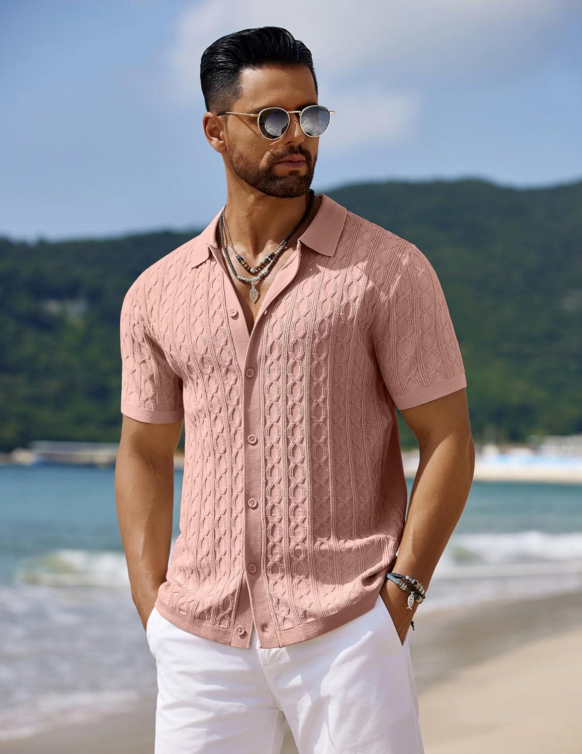 imageCOOFANDY Mens Knit Short Sleeve Shirts Button Down Vintage Knitted Polo Shirt Casual Beach Crochet Cable Vacation ShirtLotus Root Pink