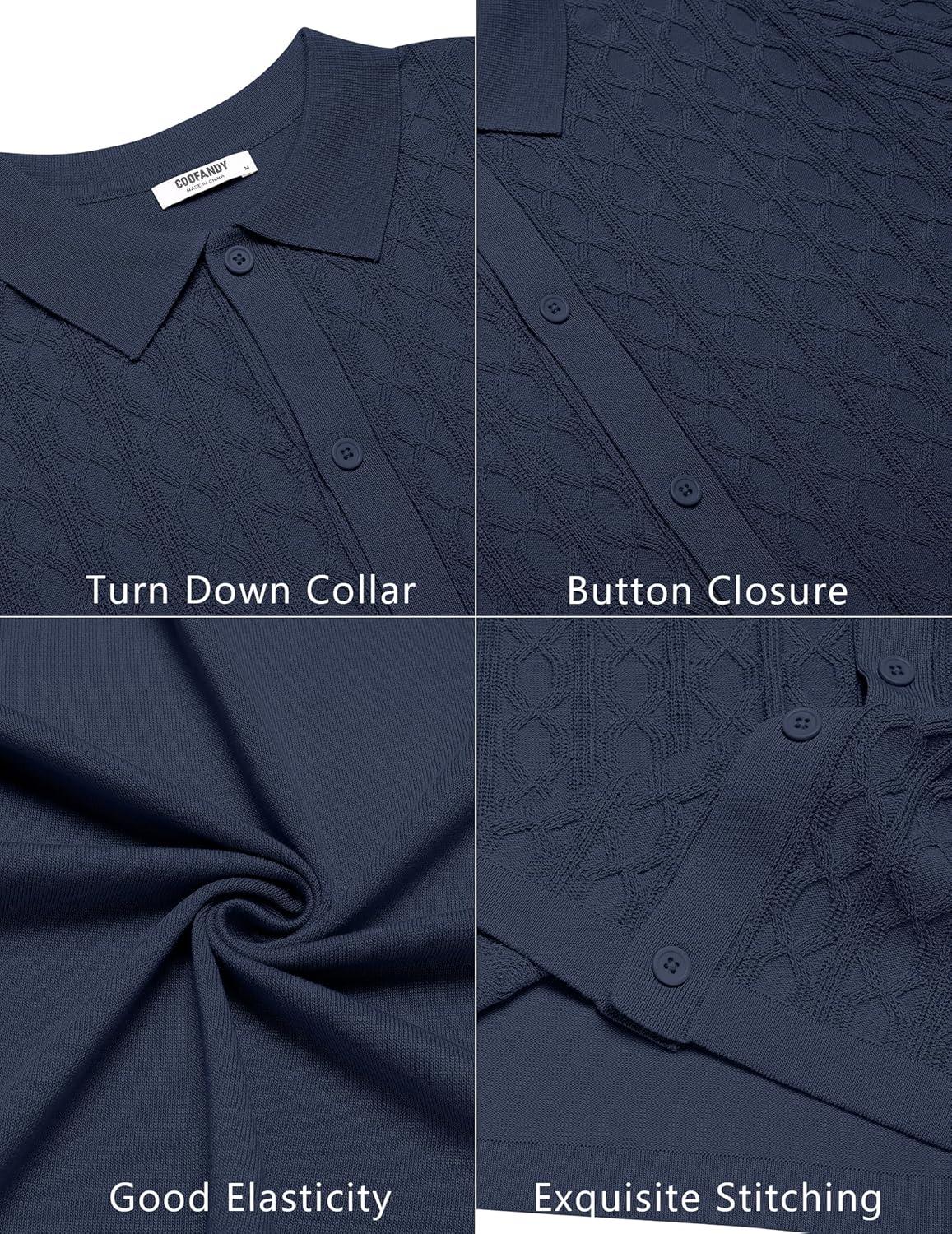 imageCOOFANDY Mens Knit Short Sleeve Shirts Button Down Vintage Knitted Polo Shirt Casual Beach Crochet Cable Vacation ShirtNavy Blue