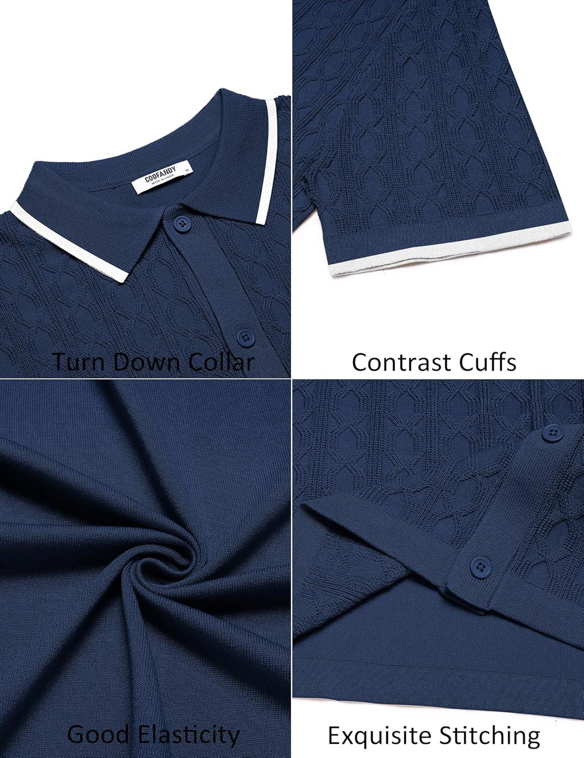imageCOOFANDY Mens Knit Short Sleeve Shirts Button Down Vintage Knitted Polo Shirt Casual Beach Crochet Cable Vacation ShirtNavy Bluewhite