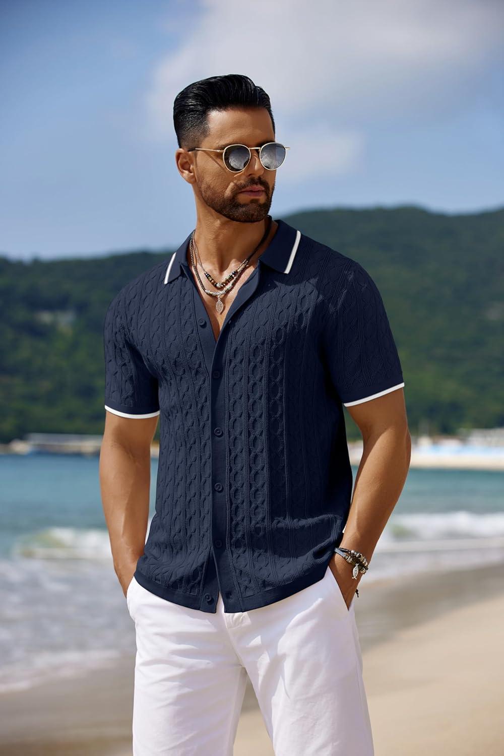 imageCOOFANDY Mens Knit Short Sleeve Shirts Button Down Vintage Knitted Polo Shirt Casual Beach Crochet Cable Vacation ShirtNavy Bluewhite