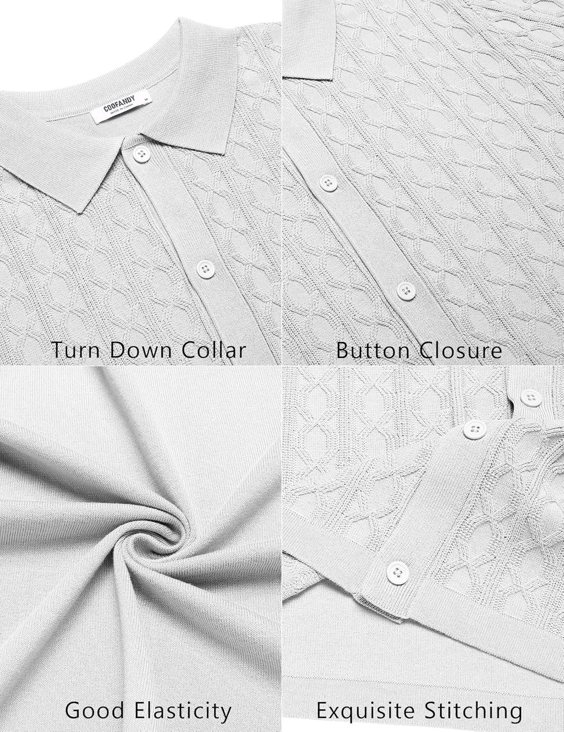 imageCOOFANDY Mens Knit Short Sleeve Shirts Button Down Vintage Knitted Polo Shirt Casual Beach Crochet Cable Vacation ShirtWhite