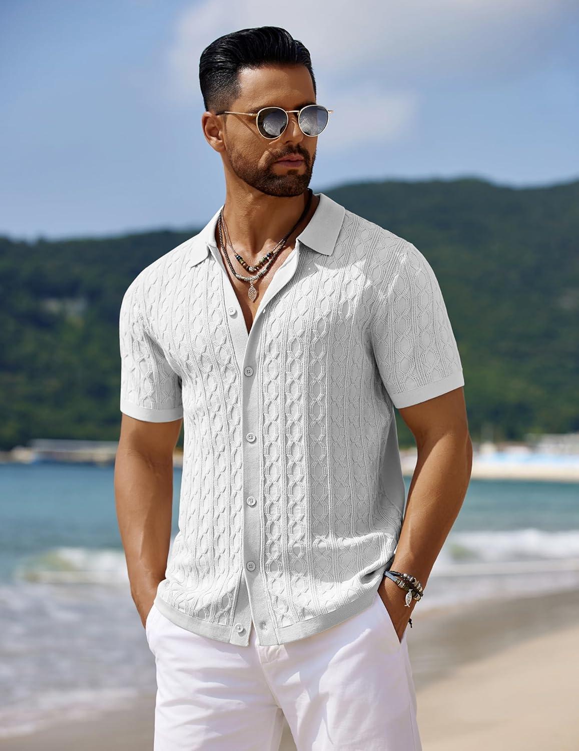 imageCOOFANDY Mens Knit Short Sleeve Shirts Button Down Vintage Knitted Polo Shirt Casual Beach Crochet Cable Vacation ShirtWhite