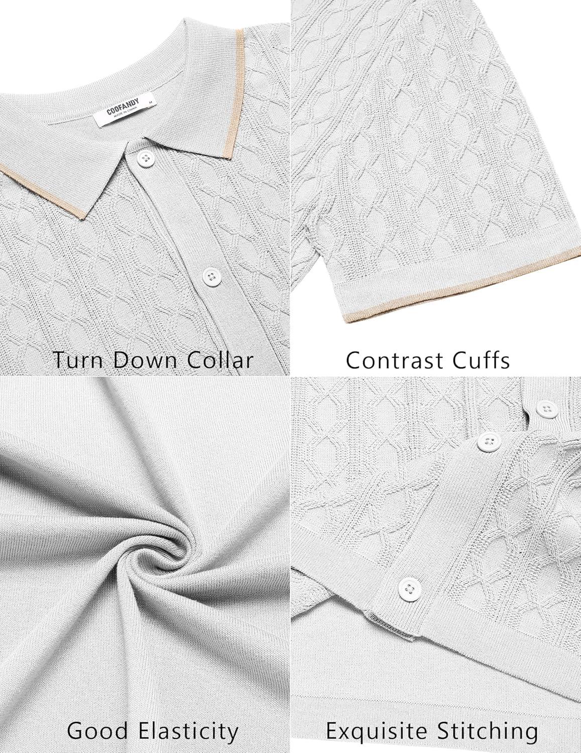 imageCOOFANDY Mens Knit Short Sleeve Shirts Button Down Vintage Knitted Polo Shirt Casual Beach Crochet Cable Vacation ShirtWhitekhaki