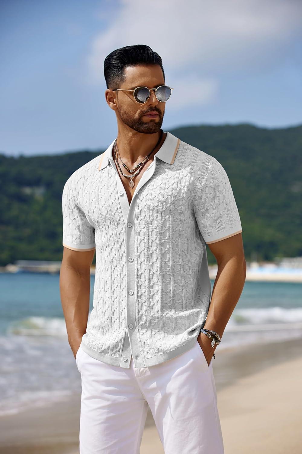 imageCOOFANDY Mens Knit Short Sleeve Shirts Button Down Vintage Knitted Polo Shirt Casual Beach Crochet Cable Vacation ShirtWhitekhaki