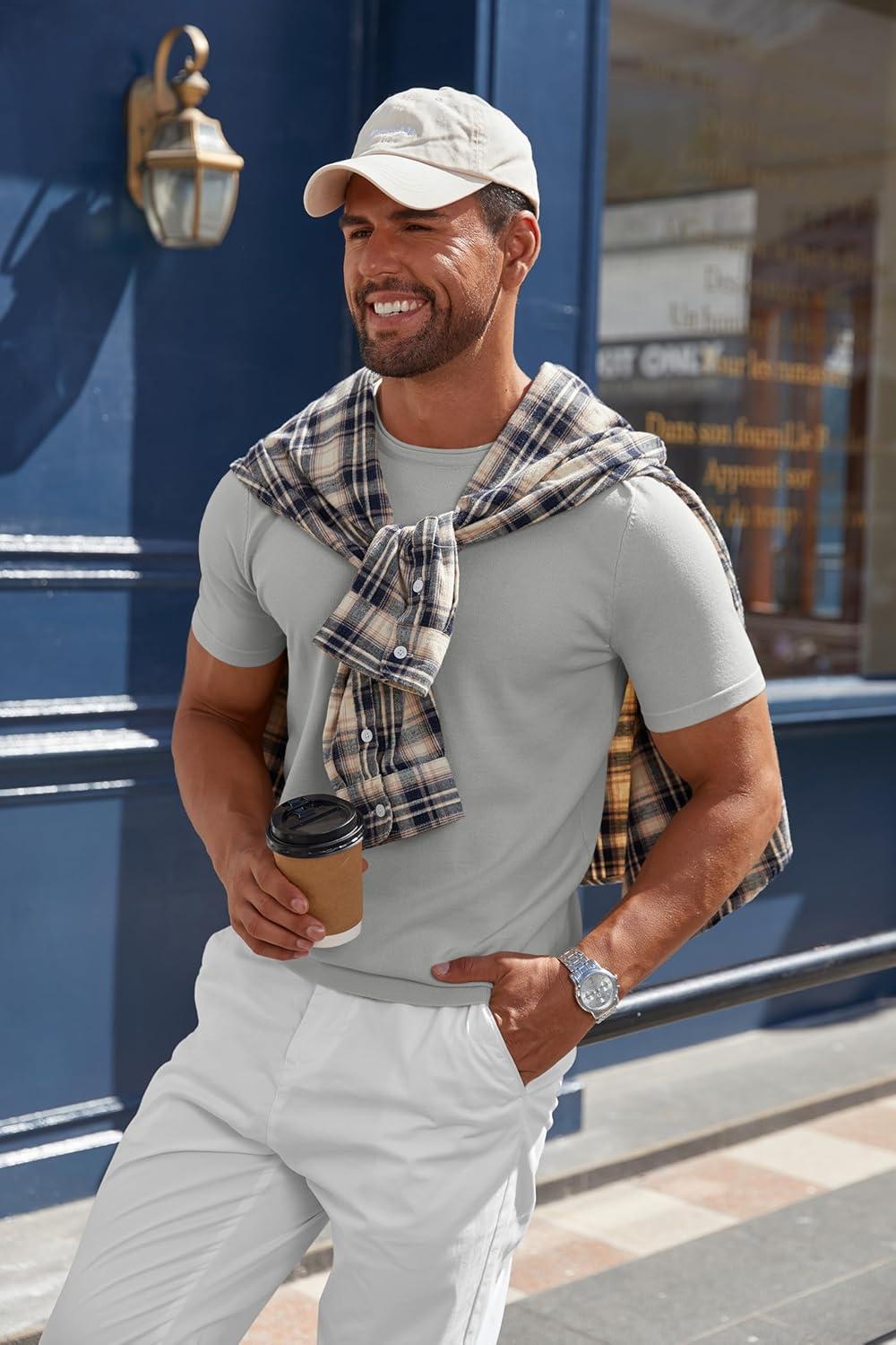 imageCOOFANDY Mens Knit TShirts Casual Crewneck Short Sleeve Shirts Summer Tops Basic Pullover TeesGrey