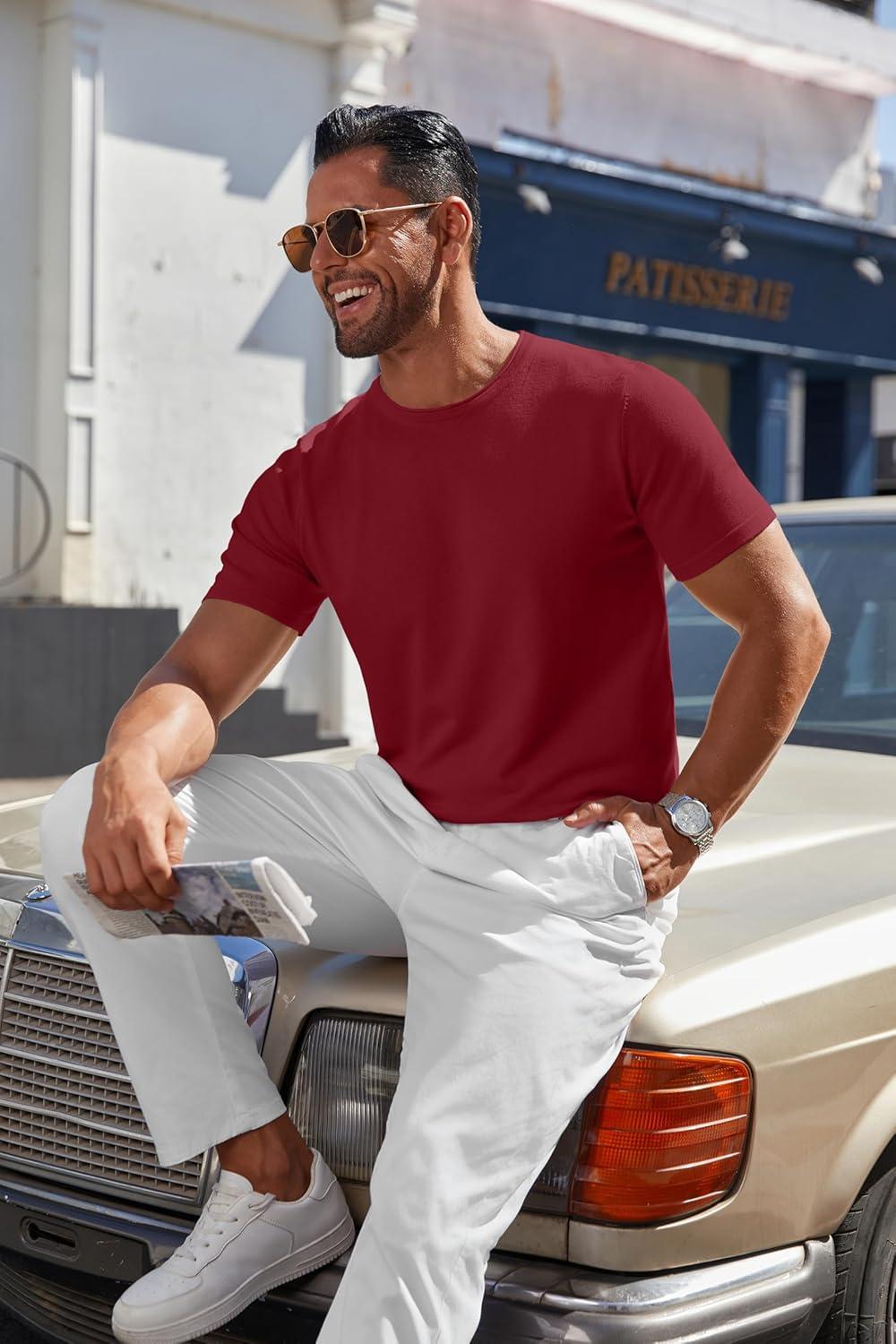 imageCOOFANDY Mens Knit TShirts Casual Crewneck Short Sleeve Shirts Summer Tops Basic Pullover TeesWine Red