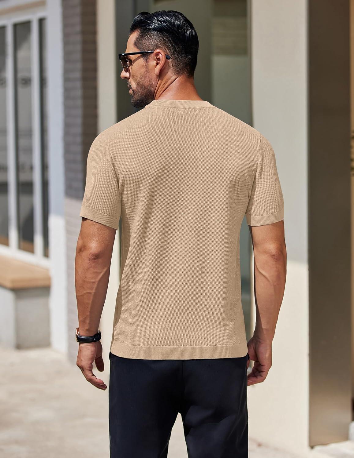 imageCOOFANDY Mens Knit TShirts Short Sleeve Crewneck Shirt Casual Textured Pullover TeesKhaki