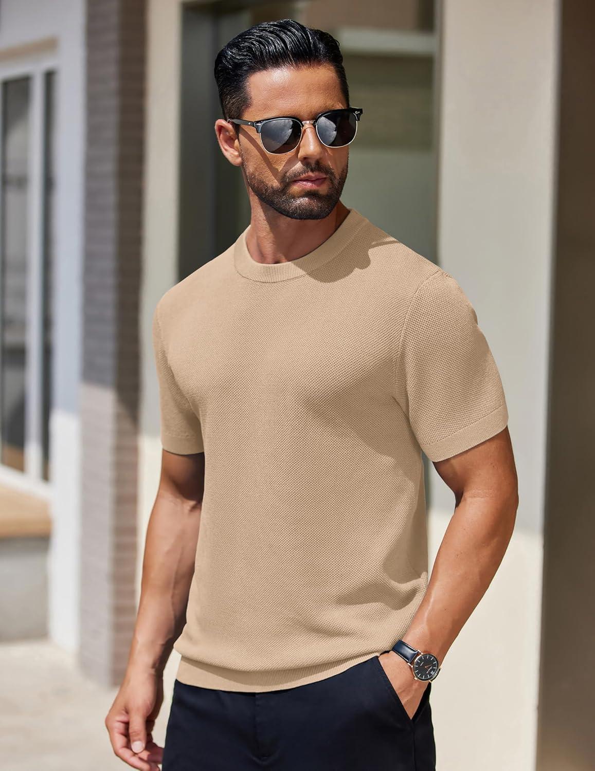 imageCOOFANDY Mens Knit TShirts Short Sleeve Crewneck Shirt Casual Textured Pullover TeesKhaki