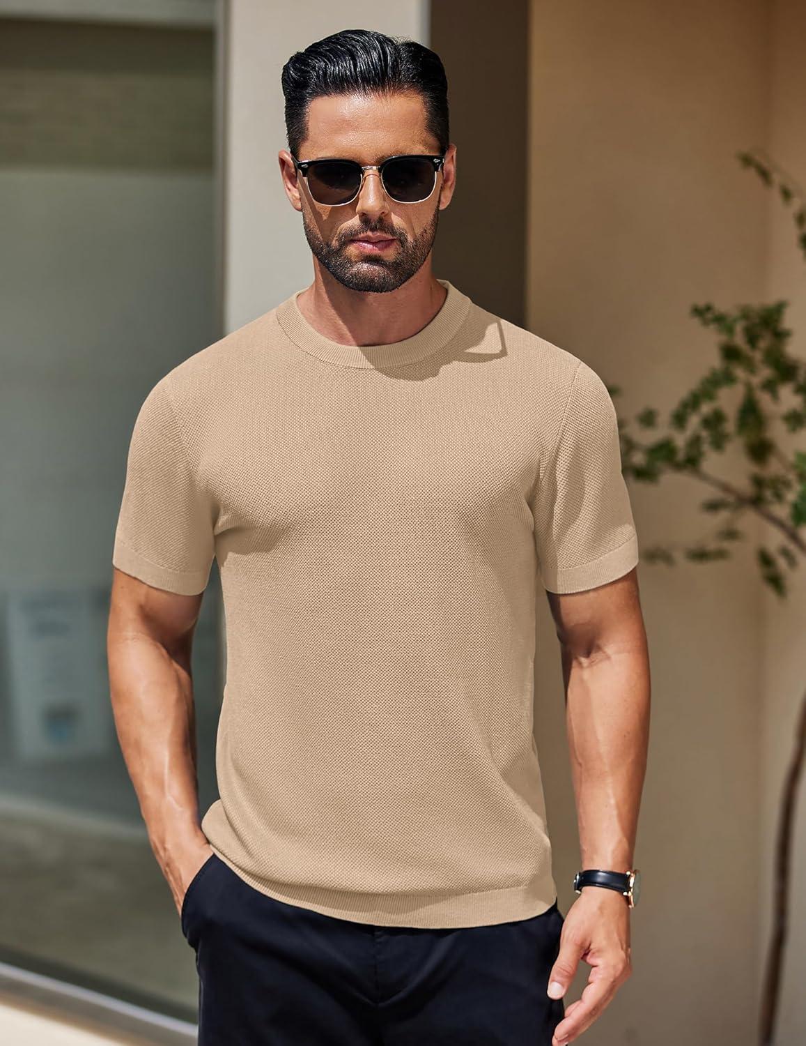 imageCOOFANDY Mens Knit TShirts Short Sleeve Crewneck Shirt Casual Textured Pullover TeesKhaki