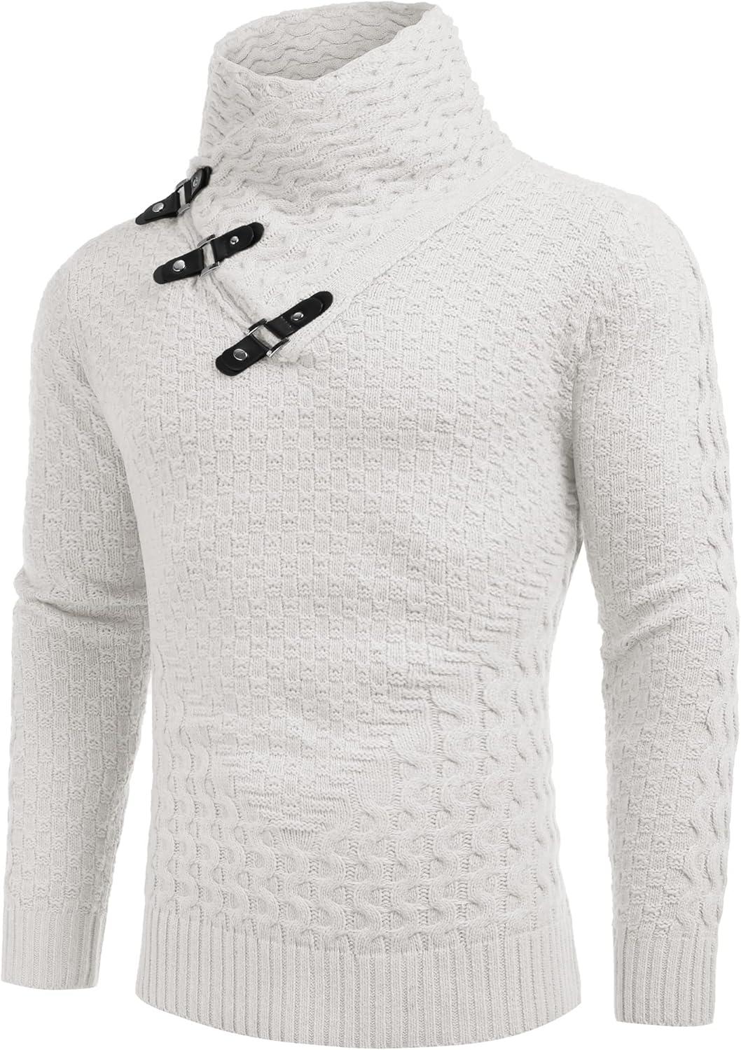 imageCOOFANDY Mens Knitted Hoodies Pullover Casual Long Sleeve Turtleneck SweatersA Pure White