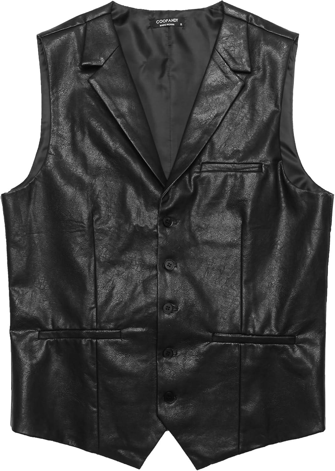 imageCOOFANDY Mens Leather Suit Vest Slim Fit Casual Western Vest Jacket Lightweight VNeck Dress WaistcoatsBlack