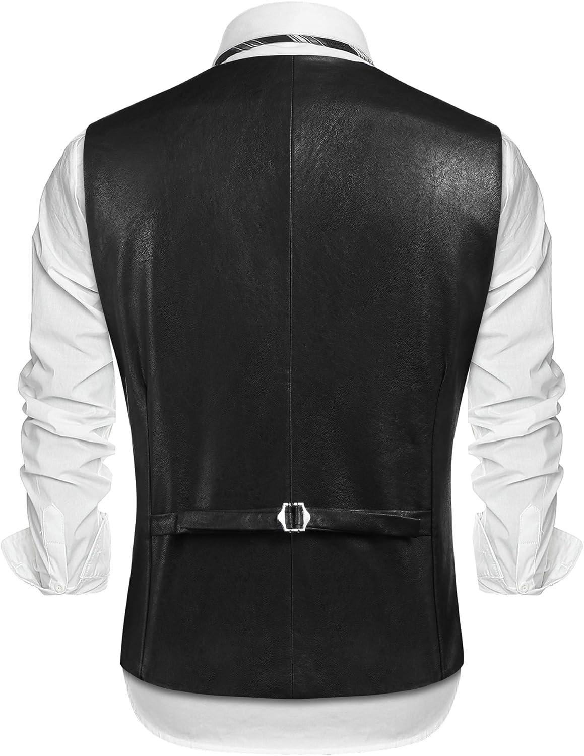 imageCOOFANDY Mens Leather Suit Vest Slim Fit Casual Western Vest Jacket Lightweight VNeck Dress WaistcoatsBlack