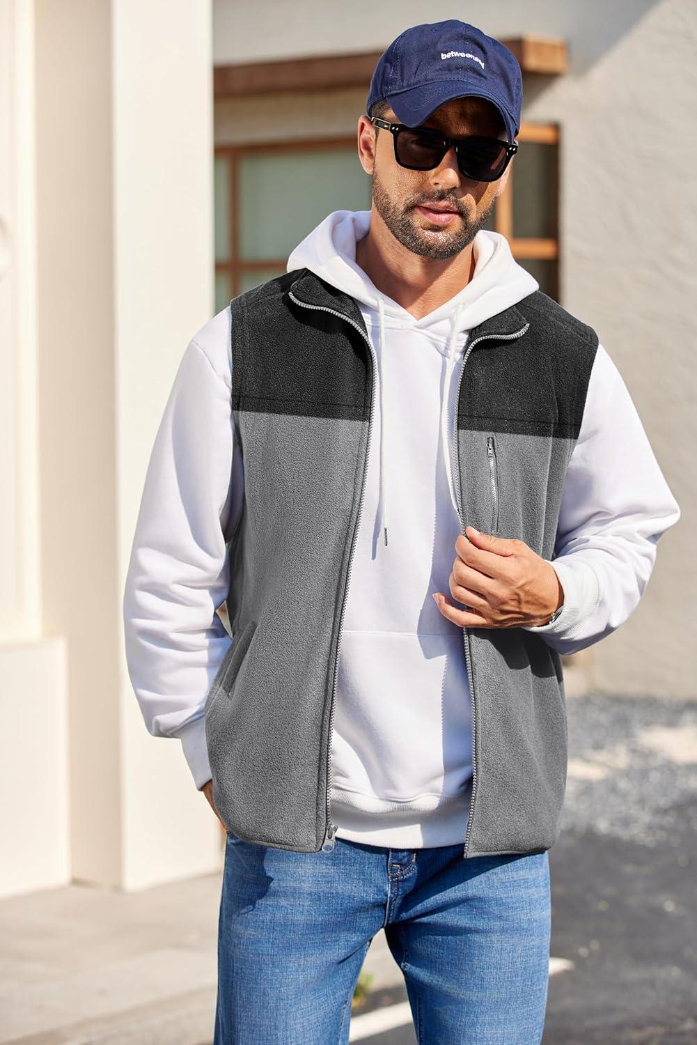 imageCOOFANDY Mens Lightweight Fleece Vest Sleeveless Zip Up Warm Jacket Casual Outerwear Vests With PocketsBlackDeep Grey