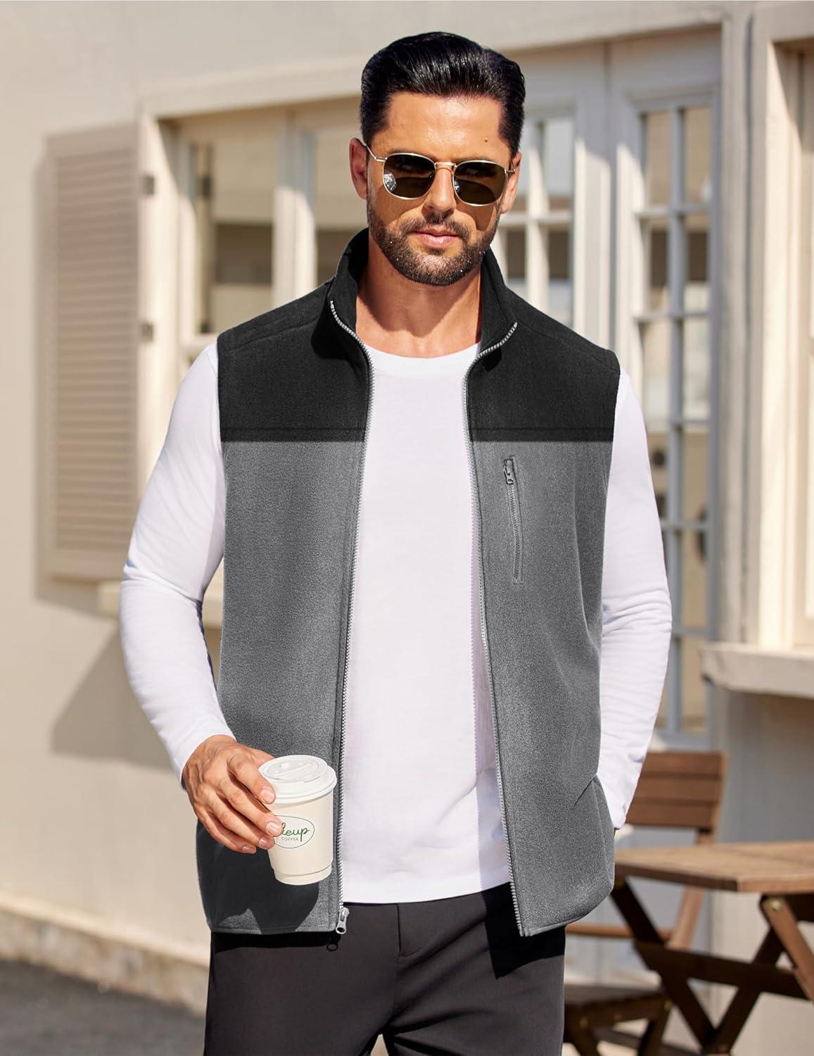 imageCOOFANDY Mens Lightweight Fleece Vest Sleeveless Zip Up Warm Jacket Casual Outerwear Vests With PocketsBlackDeep Grey