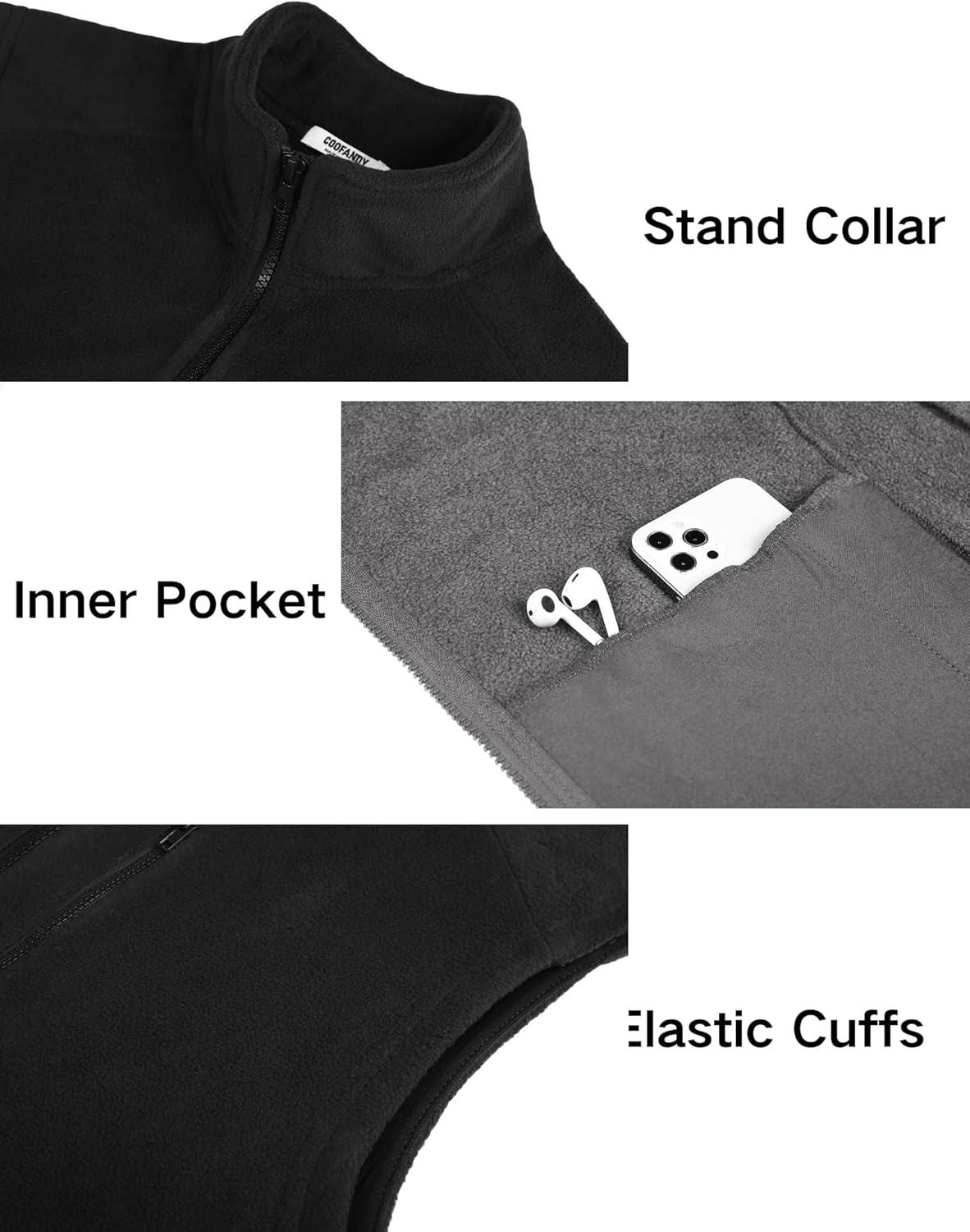 imageCOOFANDY Mens Lightweight Fleece Vest Sleeveless Zip Up Warm Jacket Casual Outerwear Vests With PocketsBlackDeep Grey