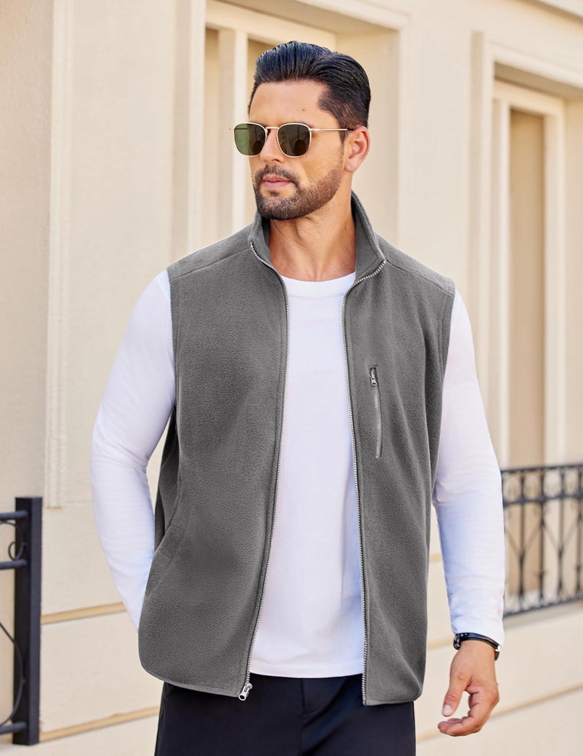 imageCOOFANDY Mens Lightweight Fleece Vest Sleeveless Zip Up Warm Jacket Casual Outerwear Vests With PocketsGrey