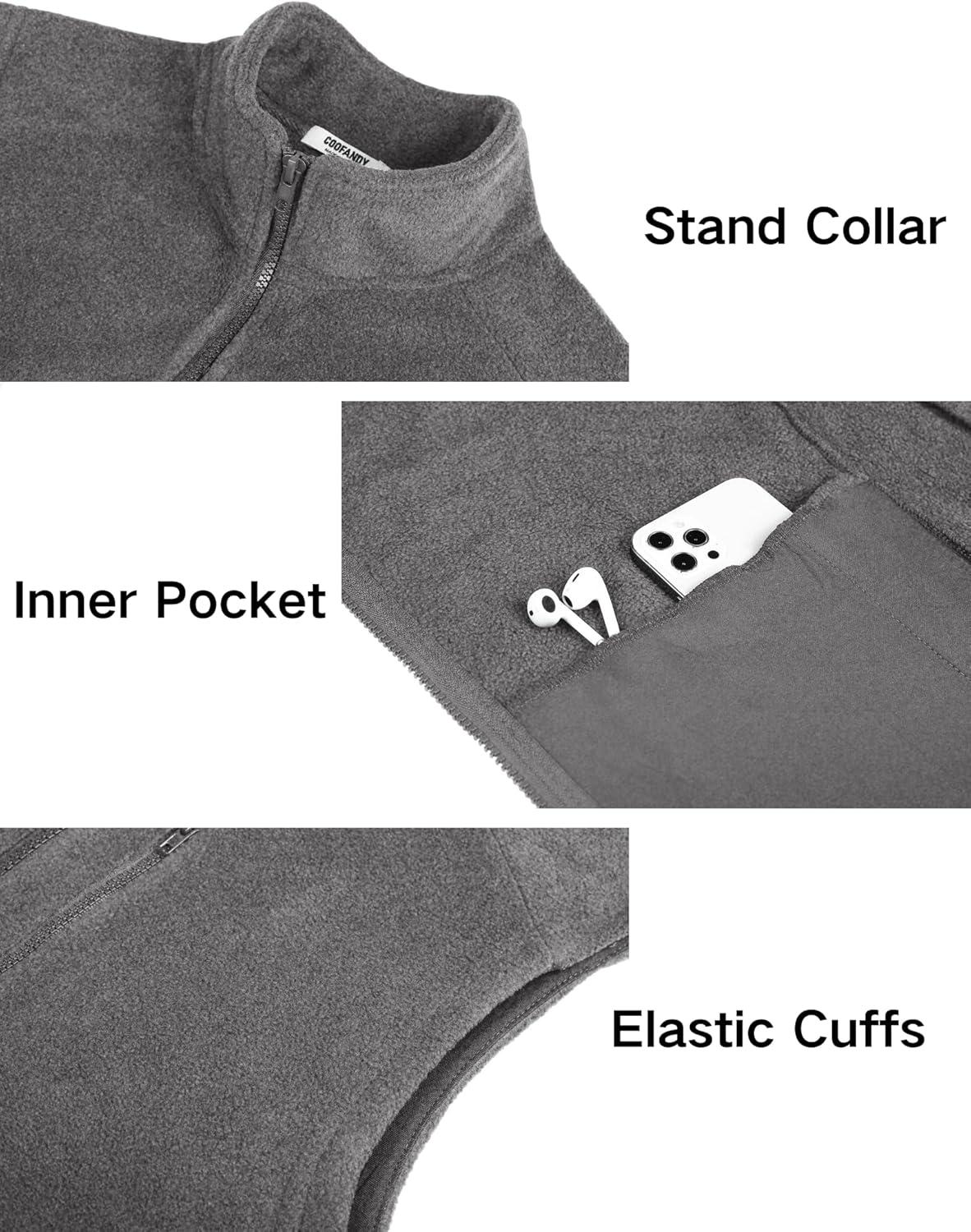 imageCOOFANDY Mens Lightweight Fleece Vest Sleeveless Zip Up Warm Jacket Casual Outerwear Vests With PocketsGrey