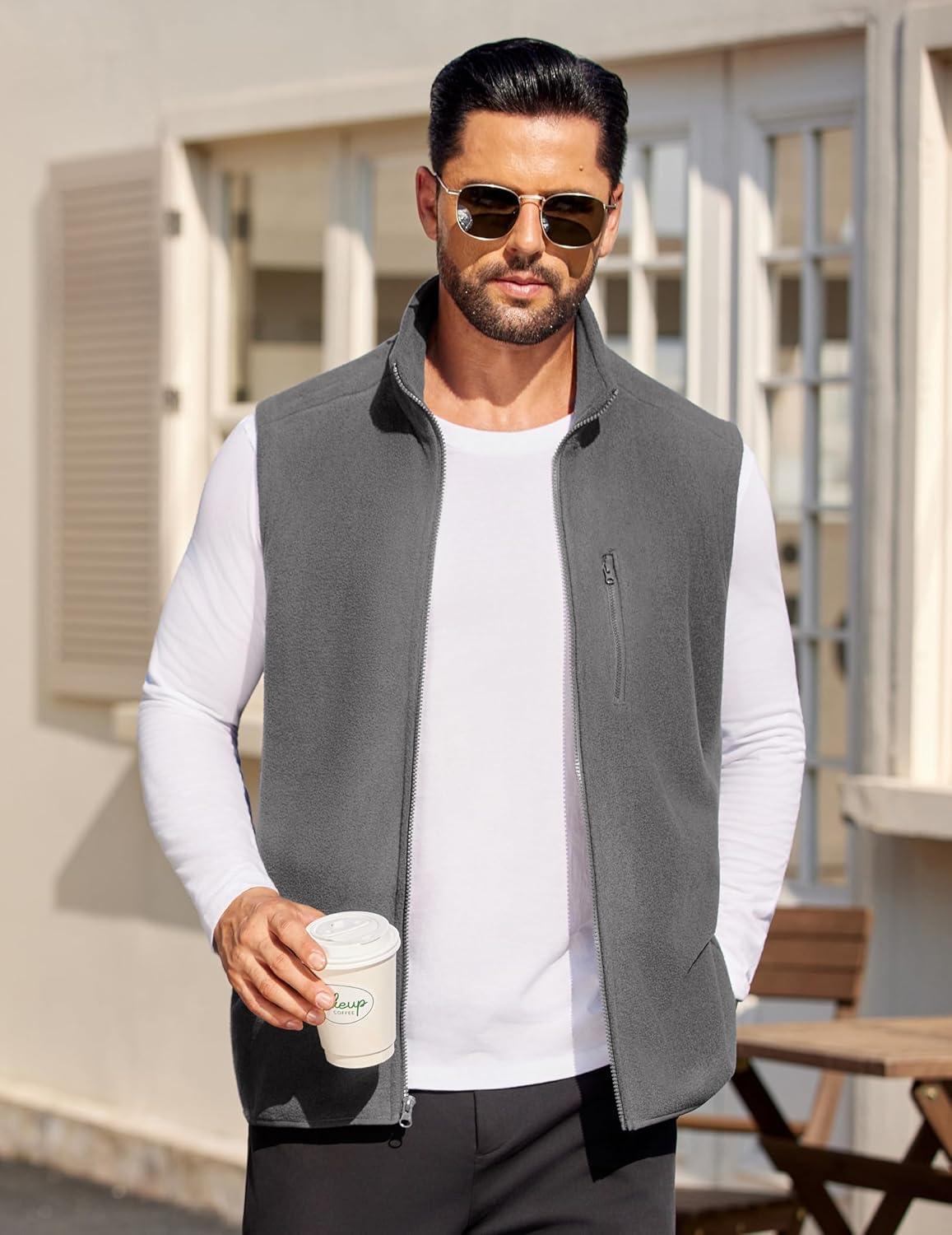 imageCOOFANDY Mens Lightweight Fleece Vest Sleeveless Zip Up Warm Jacket Casual Outerwear Vests With PocketsGrey