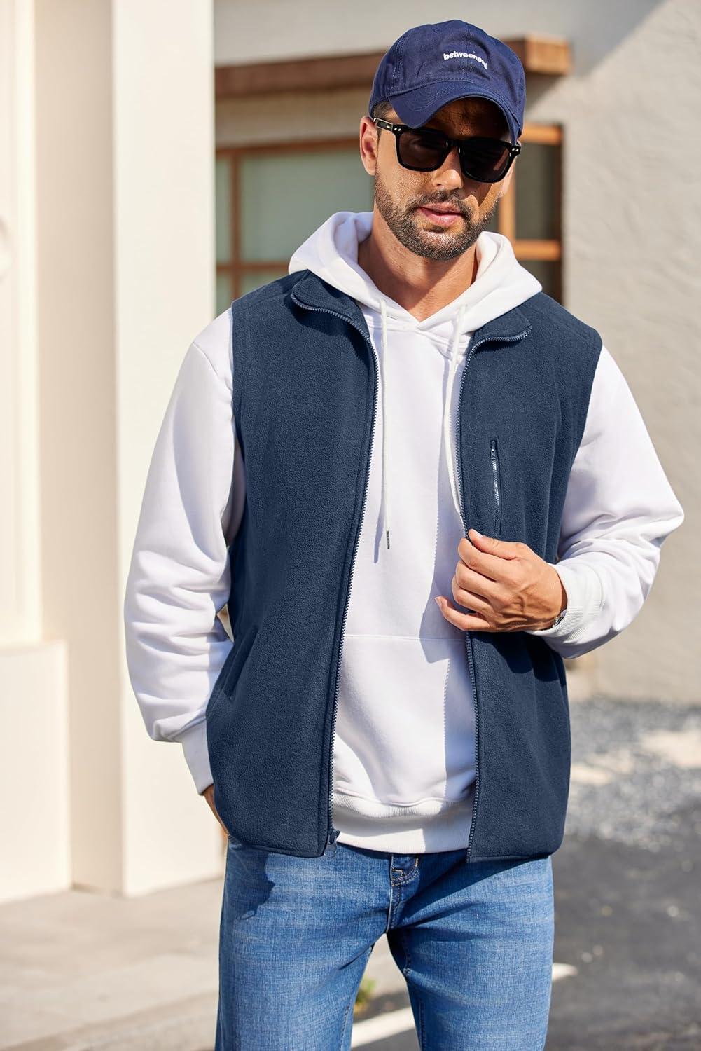 imageCOOFANDY Mens Lightweight Fleece Vest Sleeveless Zip Up Warm Jacket Casual Outerwear Vests With PocketsNavy