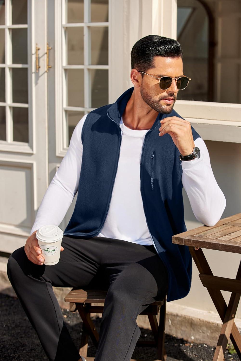 imageCOOFANDY Mens Lightweight Fleece Vest Sleeveless Zip Up Warm Jacket Casual Outerwear Vests With PocketsNavy