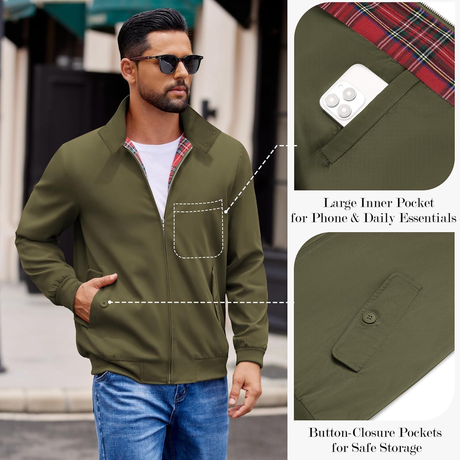 imageCOOFANDY Mens Lightweight Jackets Casual Windbreaker Zip Up Coat Stand Collar Golf Jacket Stylish Fall Work BusinessArmy Green