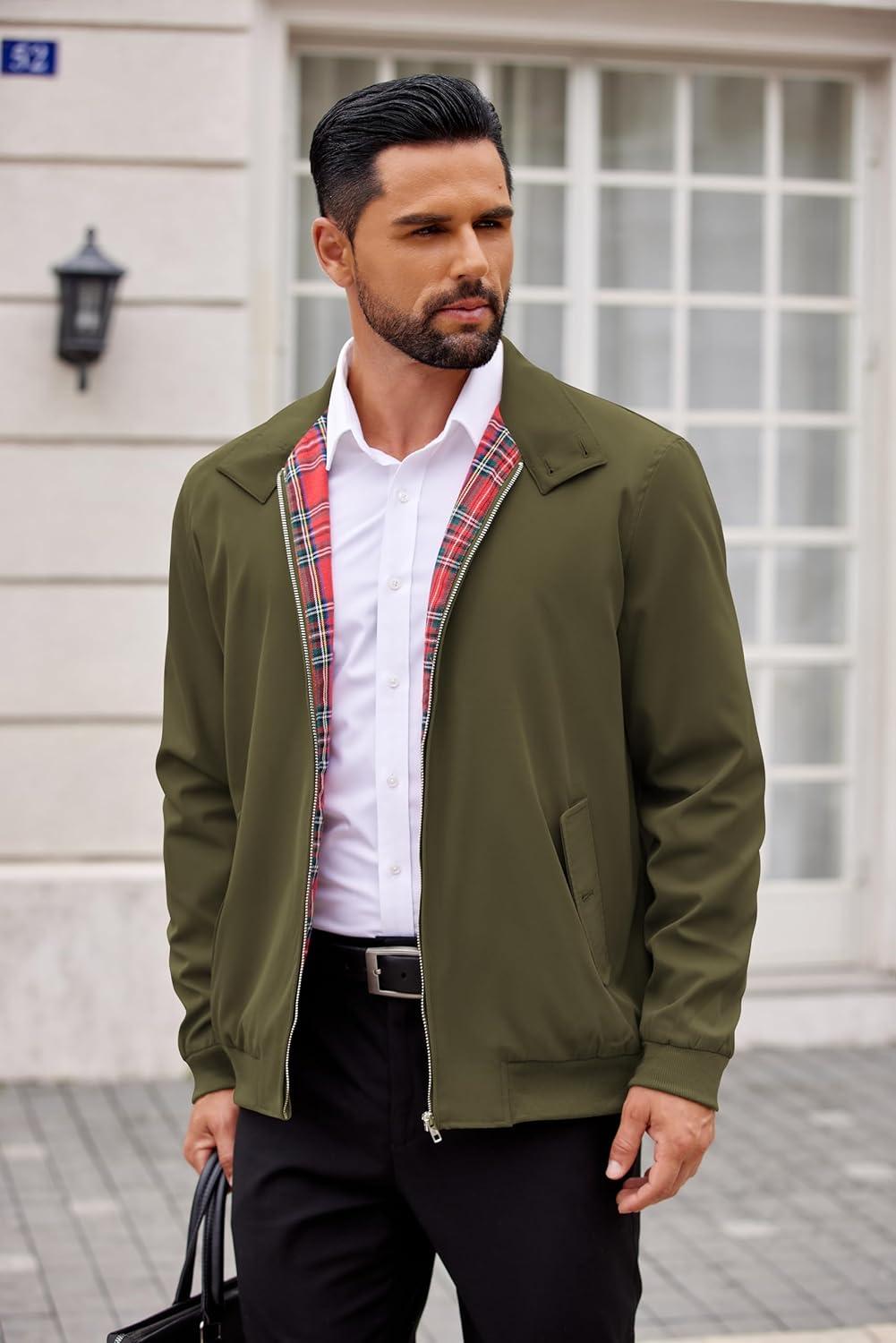 imageCOOFANDY Mens Lightweight Jackets Casual Windbreaker Zip Up Coat Stand Collar Golf Jacket Stylish Fall Work BusinessArmy Green