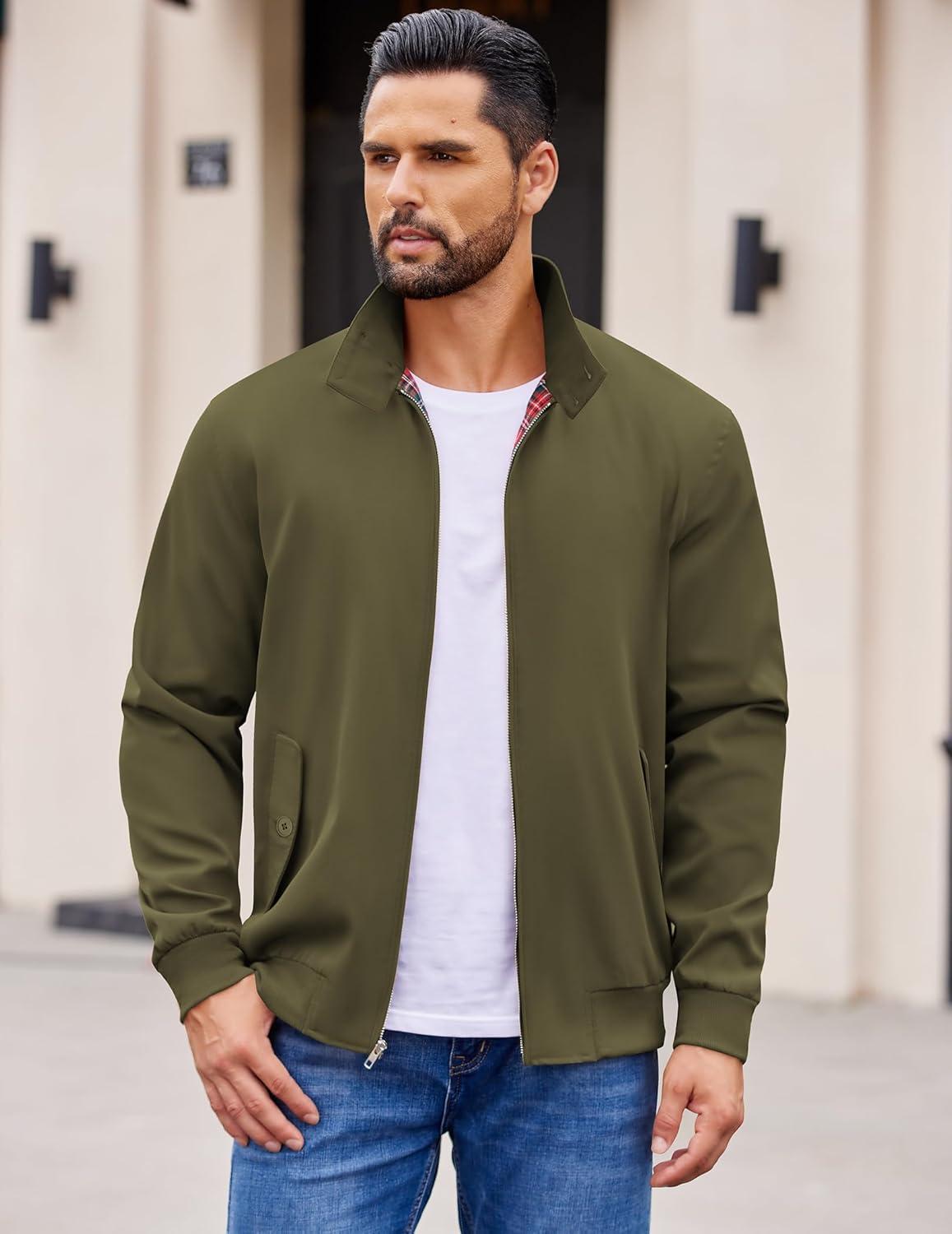 imageCOOFANDY Mens Lightweight Jackets Casual Windbreaker Zip Up Coat Stand Collar Golf Jacket Stylish Fall Work BusinessArmy Green