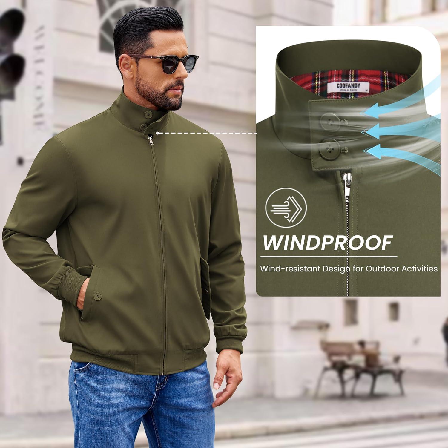 imageCOOFANDY Mens Lightweight Jackets Casual Windbreaker Zip Up Coat Stand Collar Golf Jacket Stylish Fall Work BusinessArmy Green