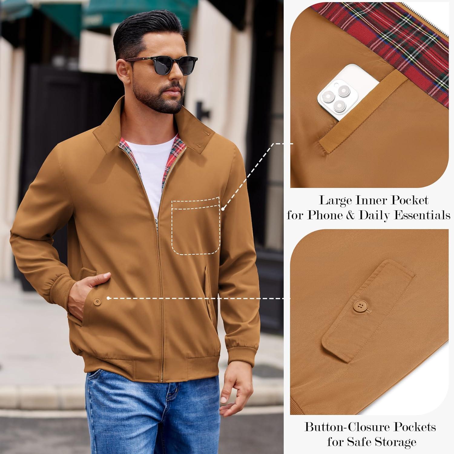 imageCOOFANDY Mens Lightweight Jackets Casual Windbreaker Zip Up Coat Stand Collar Golf Jacket Stylish Fall Work BusinessBrown