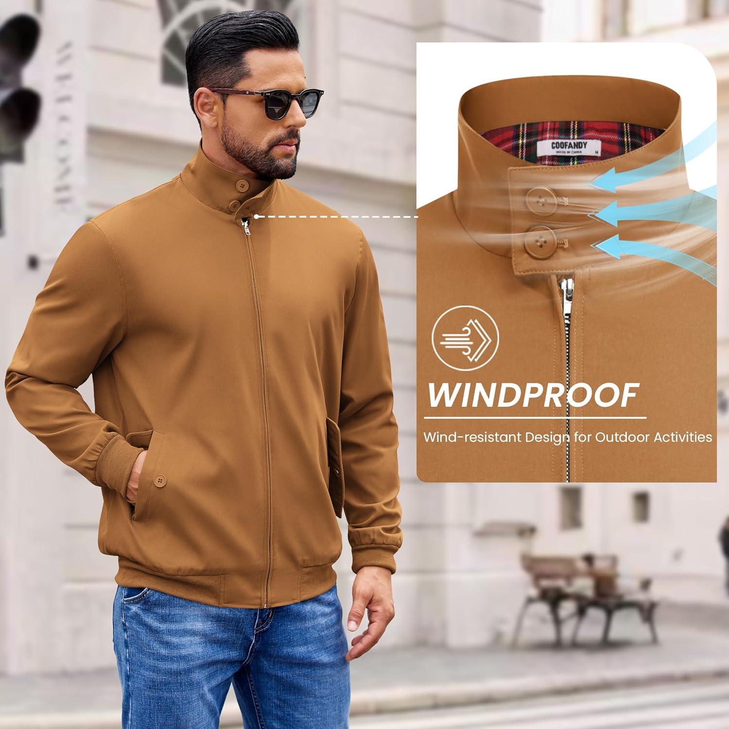 imageCOOFANDY Mens Lightweight Jackets Casual Windbreaker Zip Up Coat Stand Collar Golf Jacket Stylish Fall Work BusinessBrown