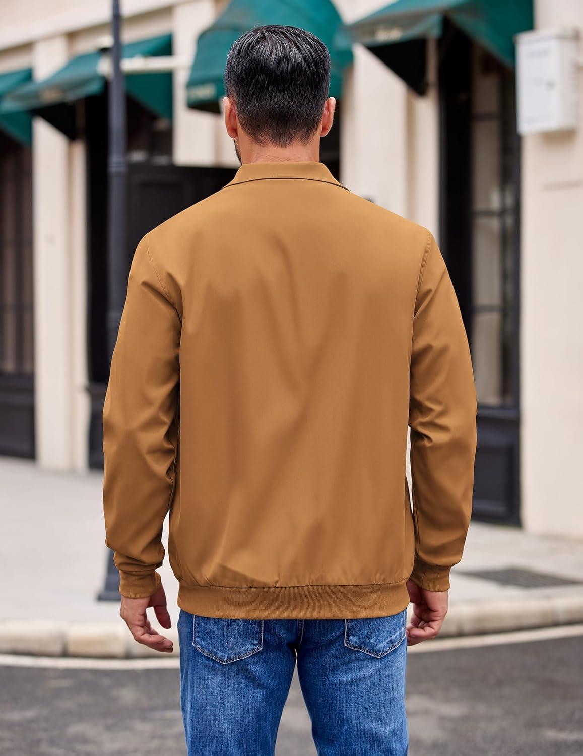 imageCOOFANDY Mens Lightweight Jackets Casual Windbreaker Zip Up Coat Stand Collar Golf Jacket Stylish Fall Work BusinessBrown