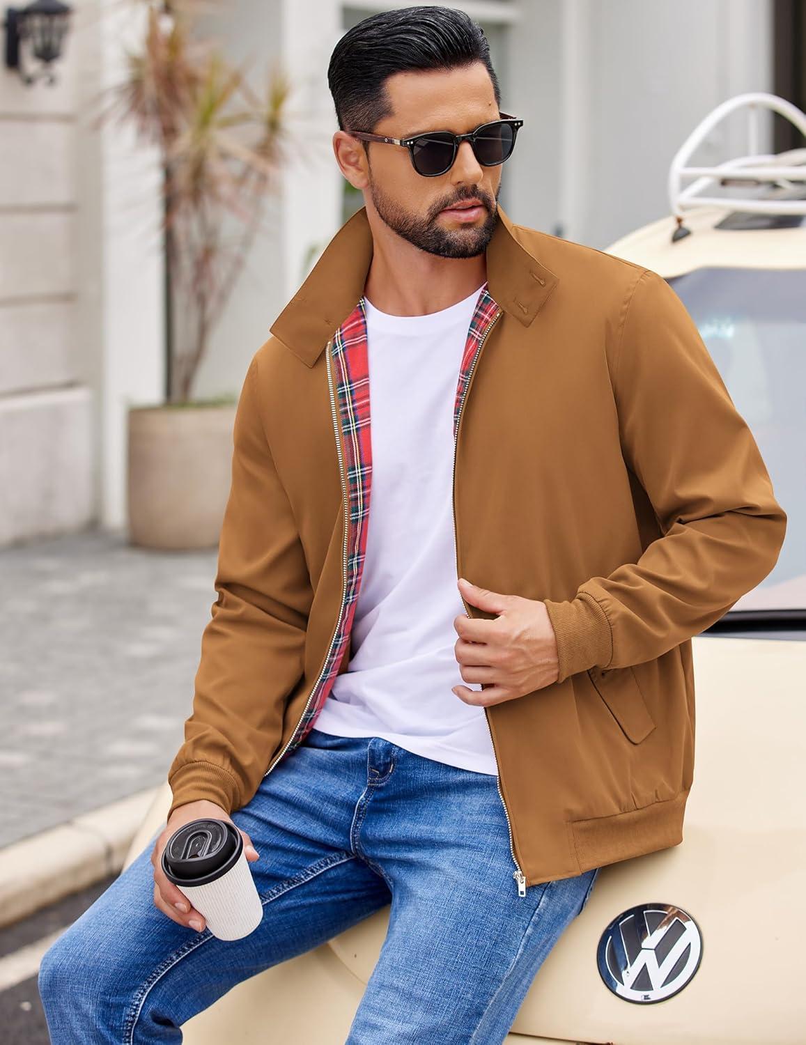 imageCOOFANDY Mens Lightweight Jackets Casual Windbreaker Zip Up Coat Stand Collar Golf Jacket Stylish Fall Work BusinessBrown