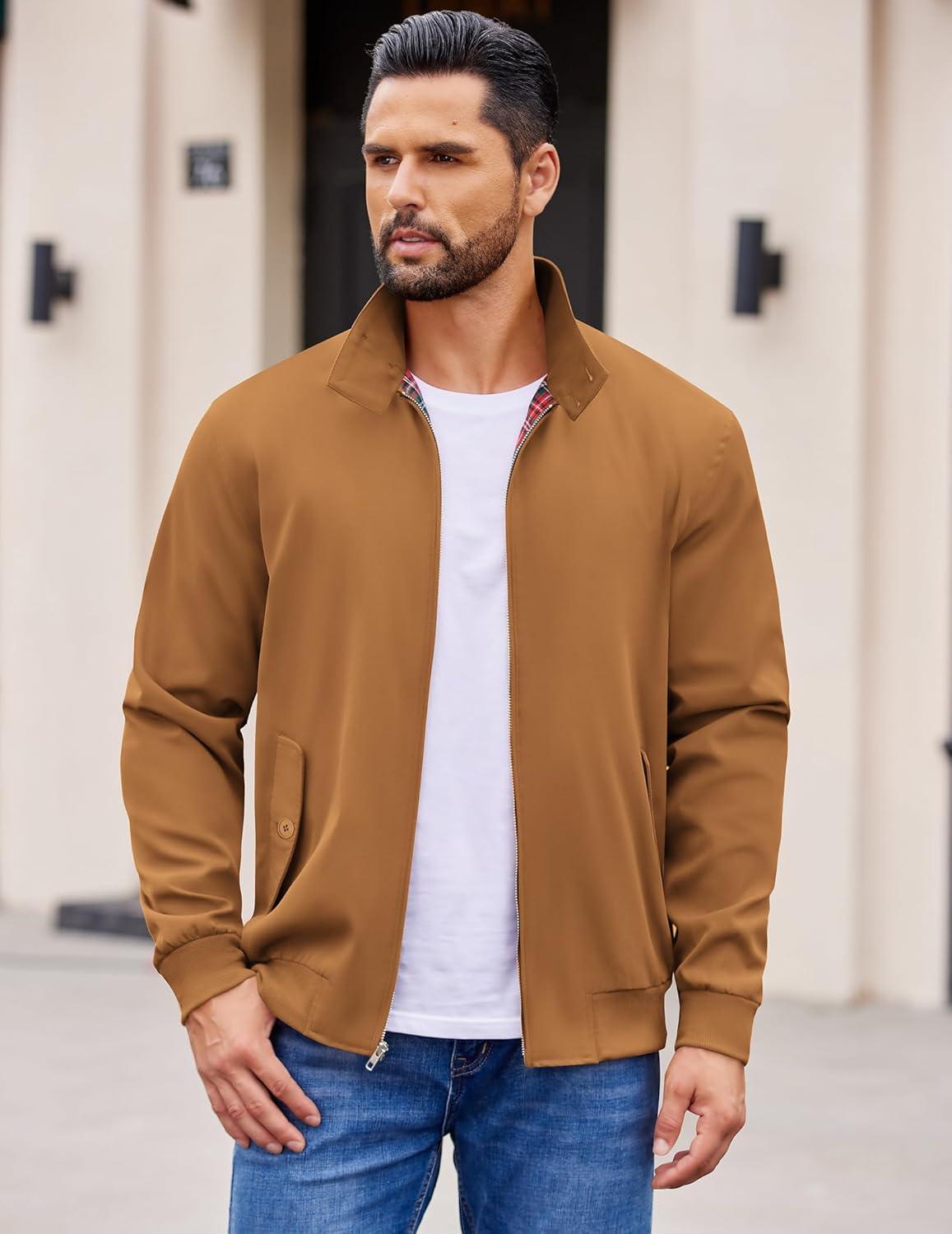 imageCOOFANDY Mens Lightweight Jackets Casual Windbreaker Zip Up Coat Stand Collar Golf Jacket Stylish Fall Work BusinessBrown