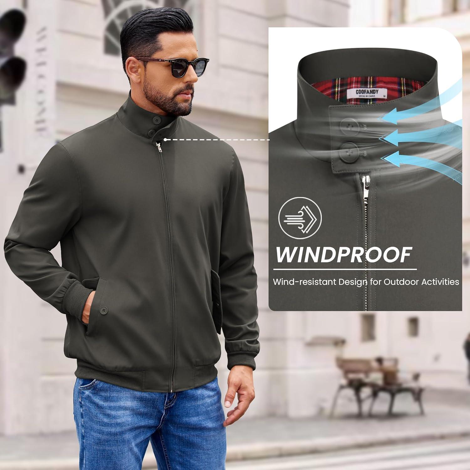 imageCOOFANDY Mens Lightweight Jackets Casual Windbreaker Zip Up Coat Stand Collar Golf Jacket Stylish Fall Work BusinessDark Grey