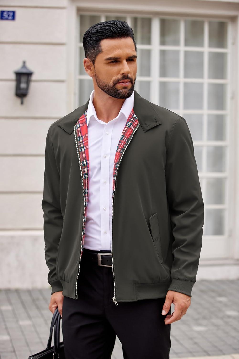 imageCOOFANDY Mens Lightweight Jackets Casual Windbreaker Zip Up Coat Stand Collar Golf Jacket Stylish Fall Work BusinessDark Grey