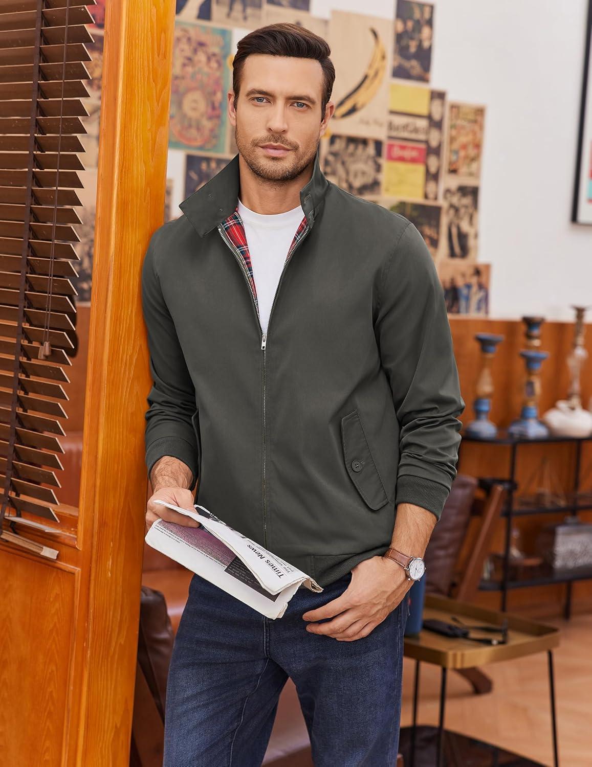 imageCOOFANDY Mens Lightweight Jackets Casual Windbreaker Zip Up Coat Stand Collar Golf Jacket Stylish Fall Work BusinessDark Grey