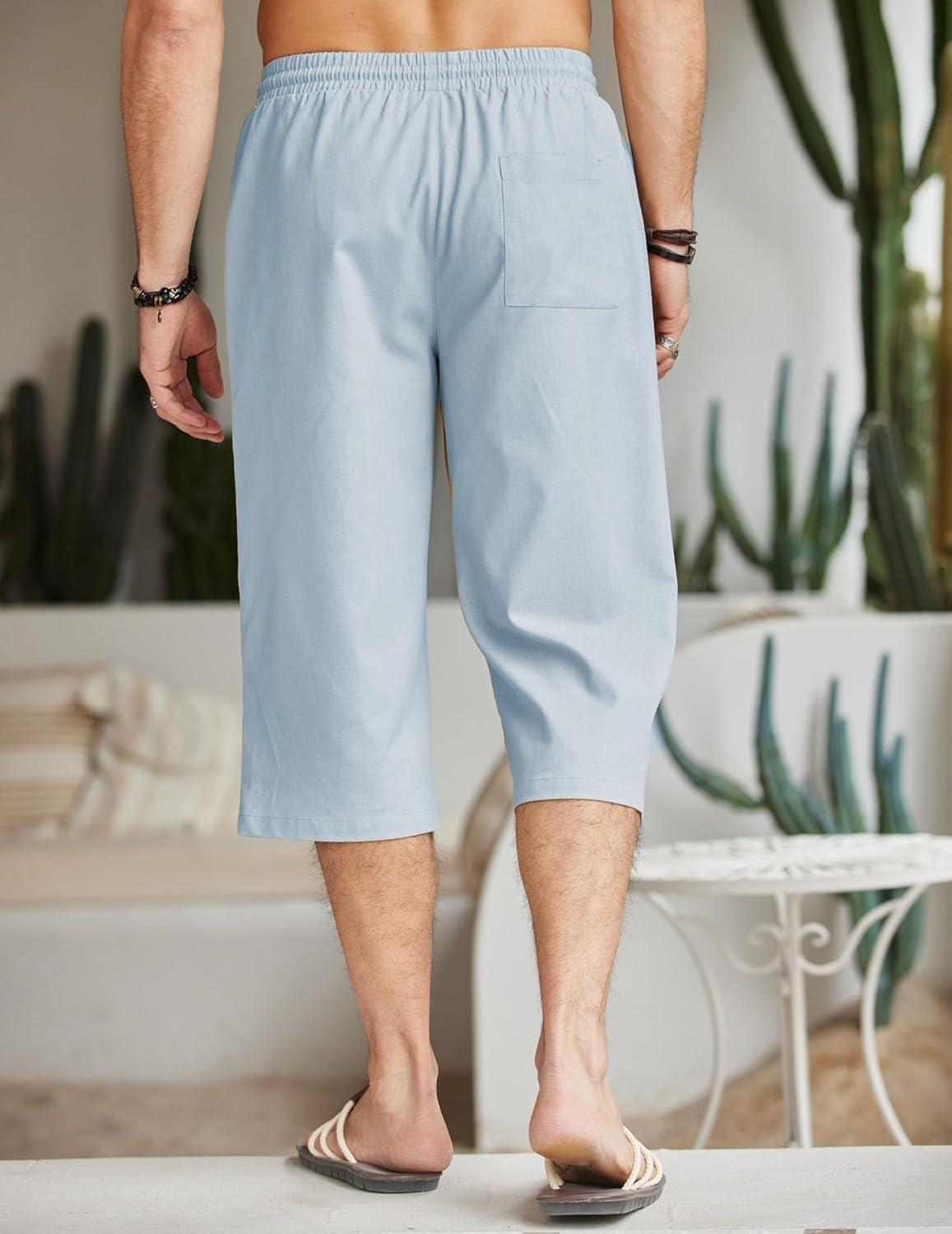 imageCOOFANDY Mens Linen Capri Pants Casual Lightweight 34 Baggy Pants Drawstring Elastic Waist Beach Yoga Pants with PocketsLight Blue
