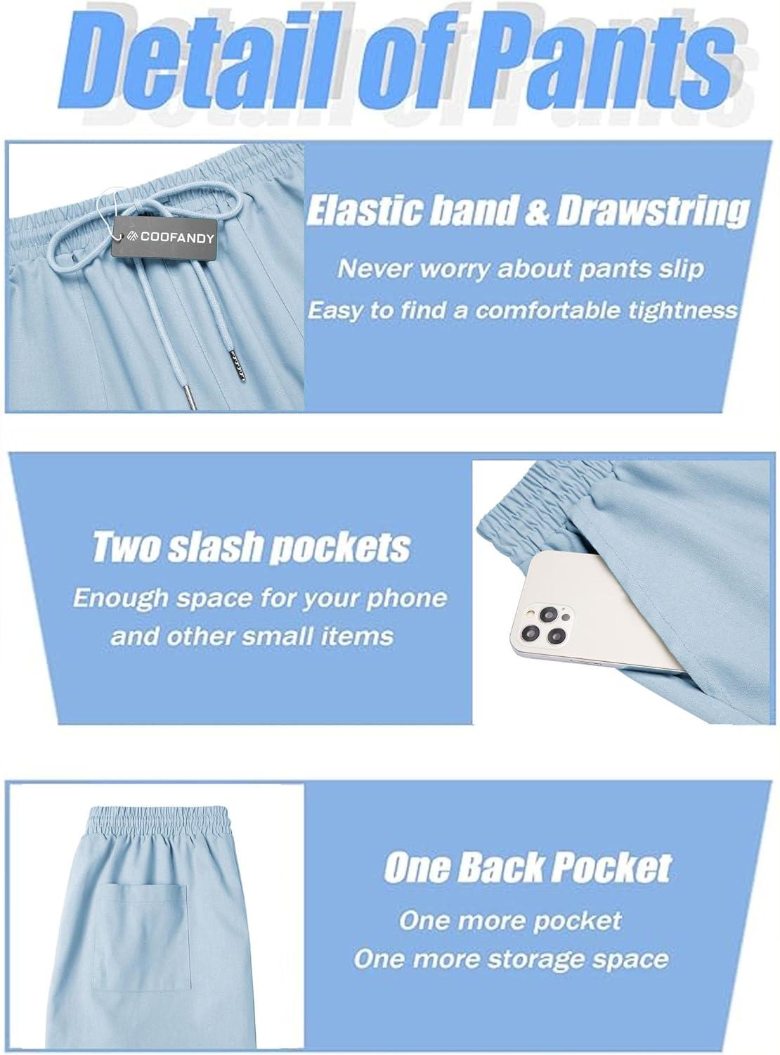 imageCOOFANDY Mens Linen Capri Pants Casual Lightweight 34 Baggy Pants Drawstring Elastic Waist Beach Yoga Pants with PocketsLight Blue