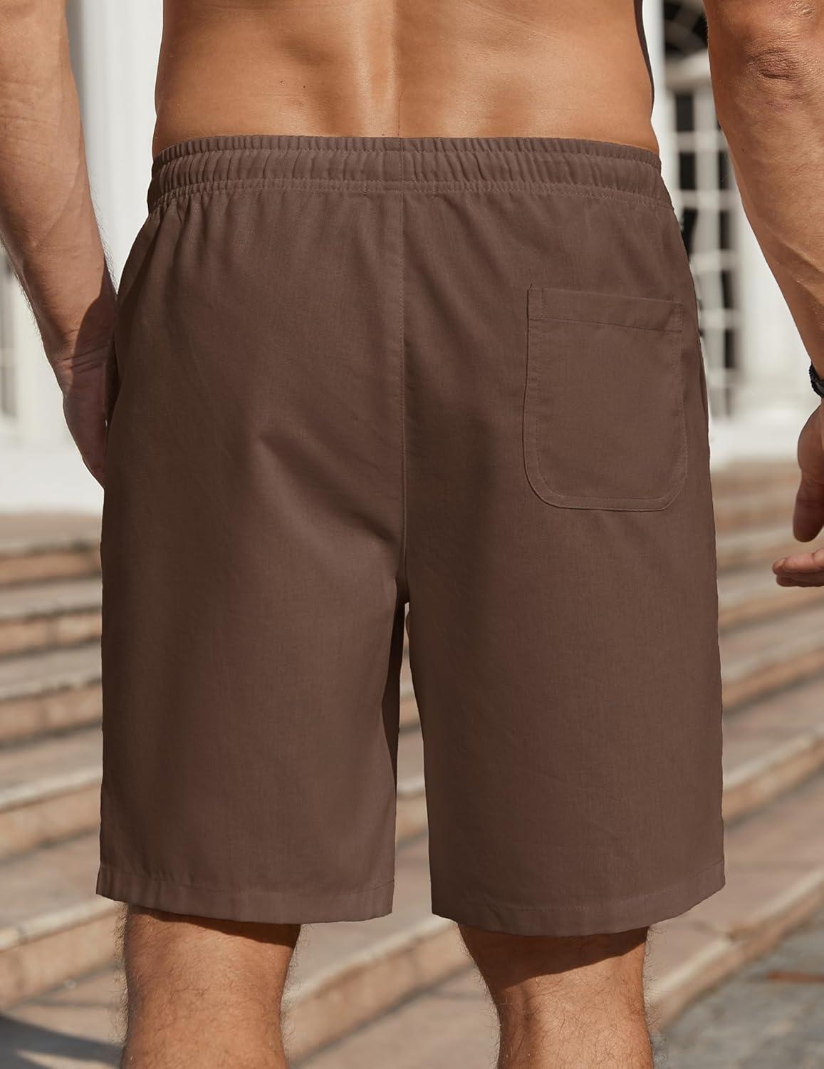 imageCOOFANDY Mens Linen Shorts Casual Beach Shorts 9 inch Inseam Elastic Waist Drawstring Summer ShortsBrown