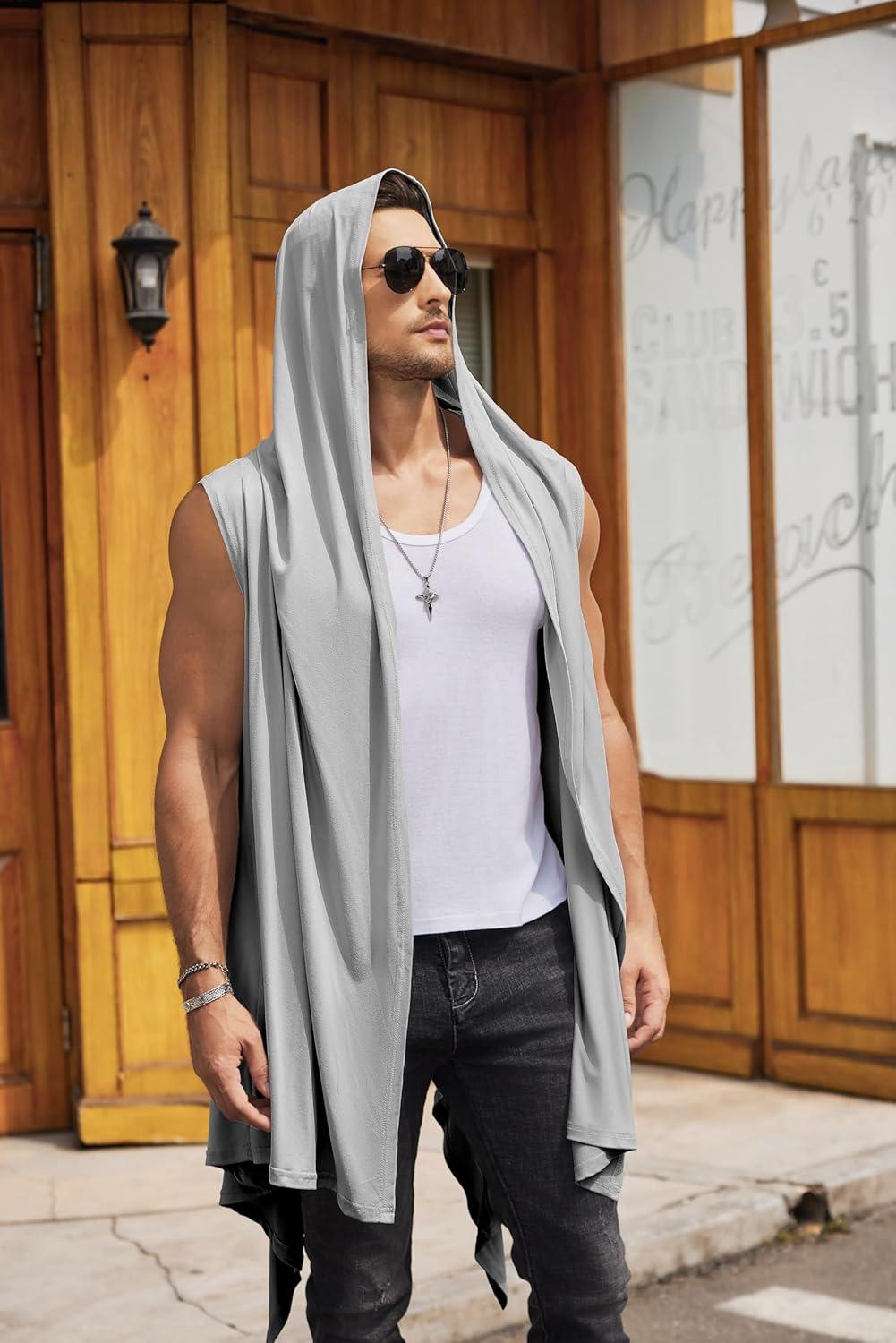 imageCOOFANDY Mens Long Hooded Cardigan Sleeveless Ruffle Shawl Collar Lightweight Open Front Drape Kimono VestLight Grey