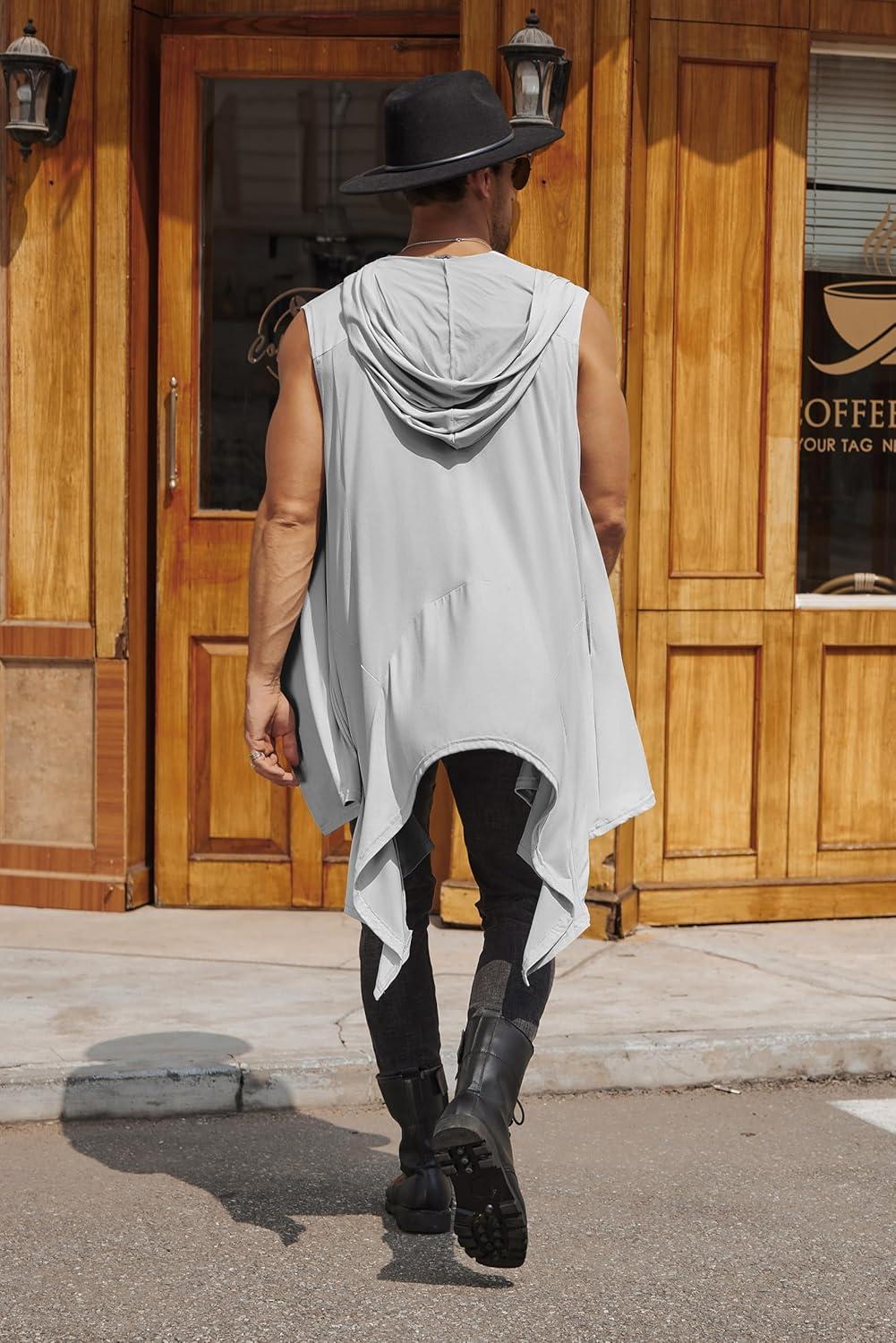 imageCOOFANDY Mens Long Hooded Cardigan Sleeveless Ruffle Shawl Collar Lightweight Open Front Drape Kimono VestLight Grey