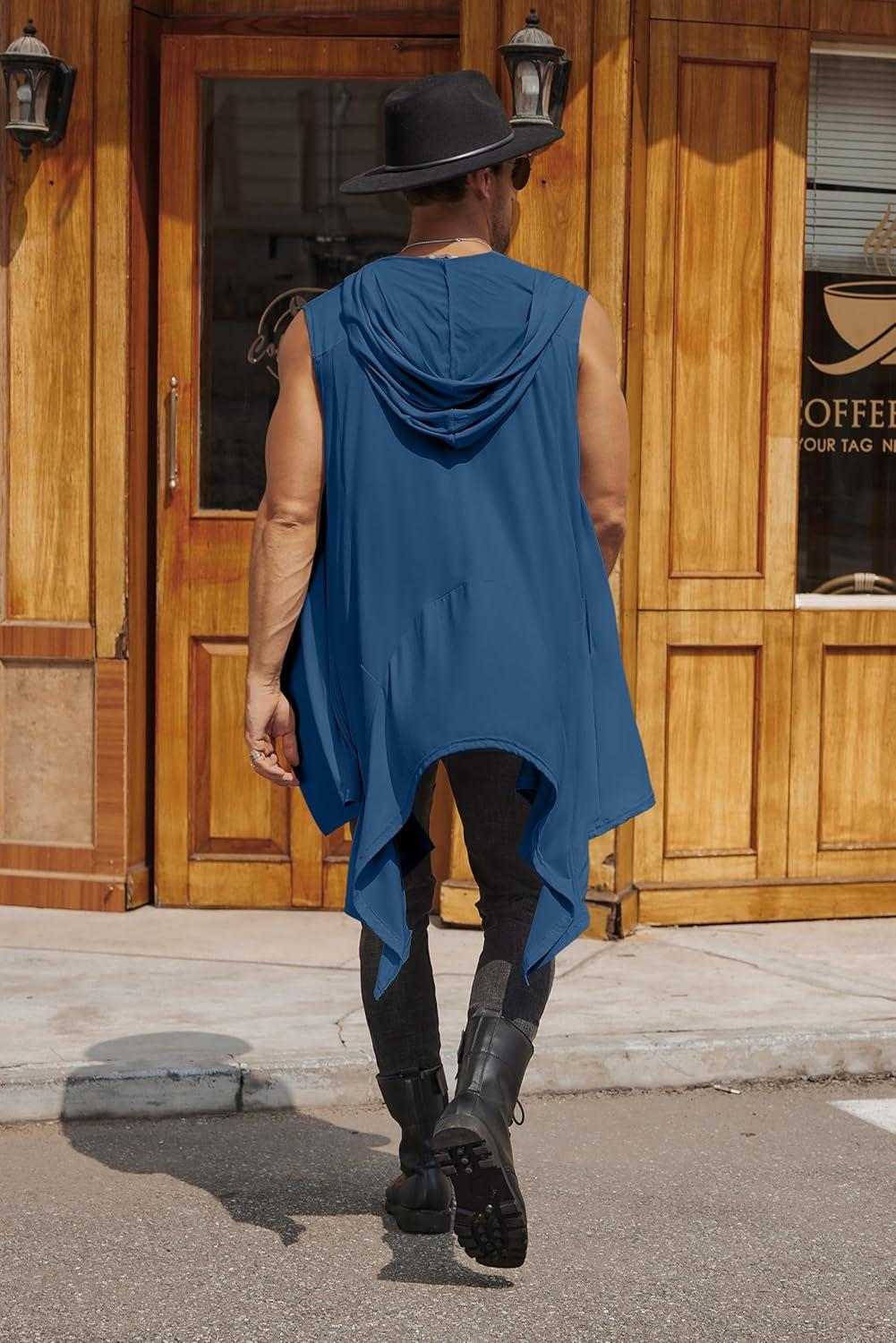 imageCOOFANDY Mens Long Hooded Cardigan Sleeveless Ruffle Shawl Collar Lightweight Open Front Drape Kimono VestNavy