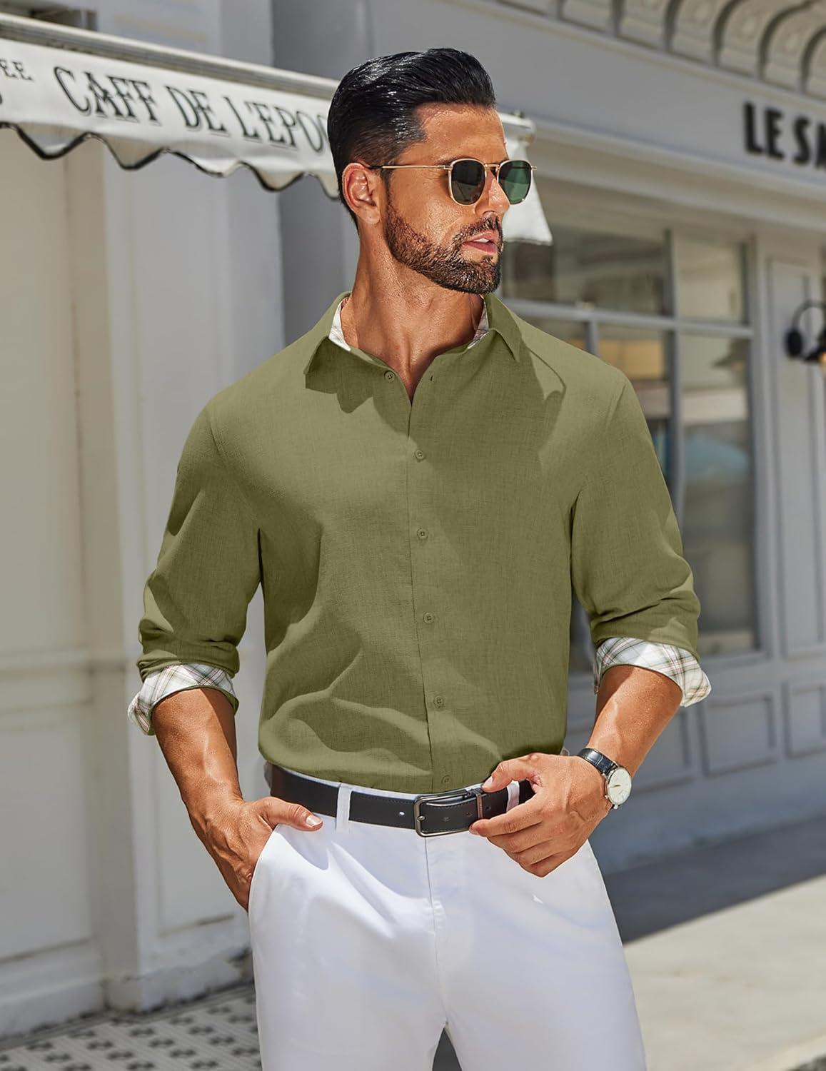 imageCOOFANDY Mens Long Sleeve Button Down Shirts Casual Untucked Shirt Regular Fit Dress ShirtArmy Green