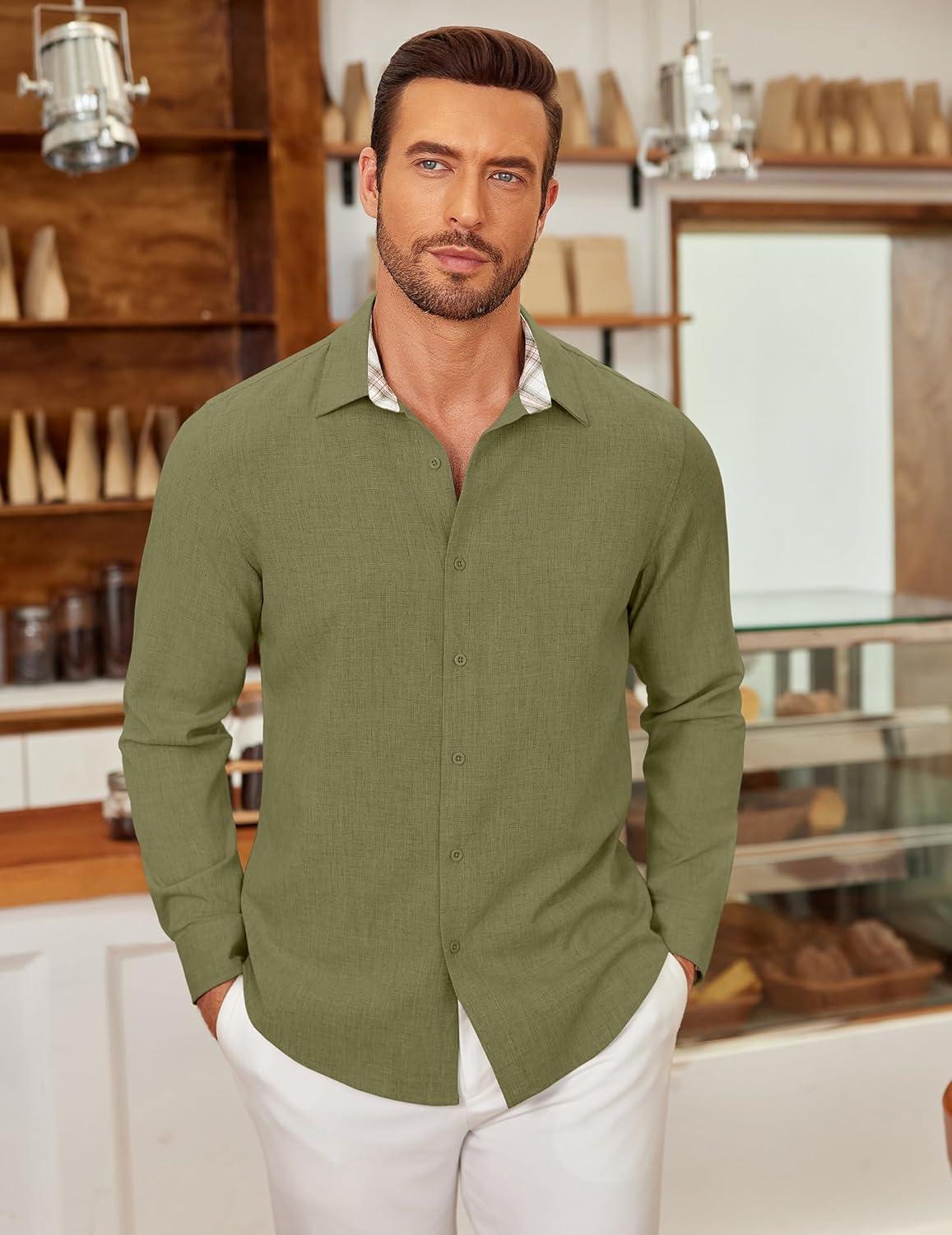 imageCOOFANDY Mens Long Sleeve Button Down Shirts Casual Untucked Shirt Regular Fit Dress ShirtArmy Green