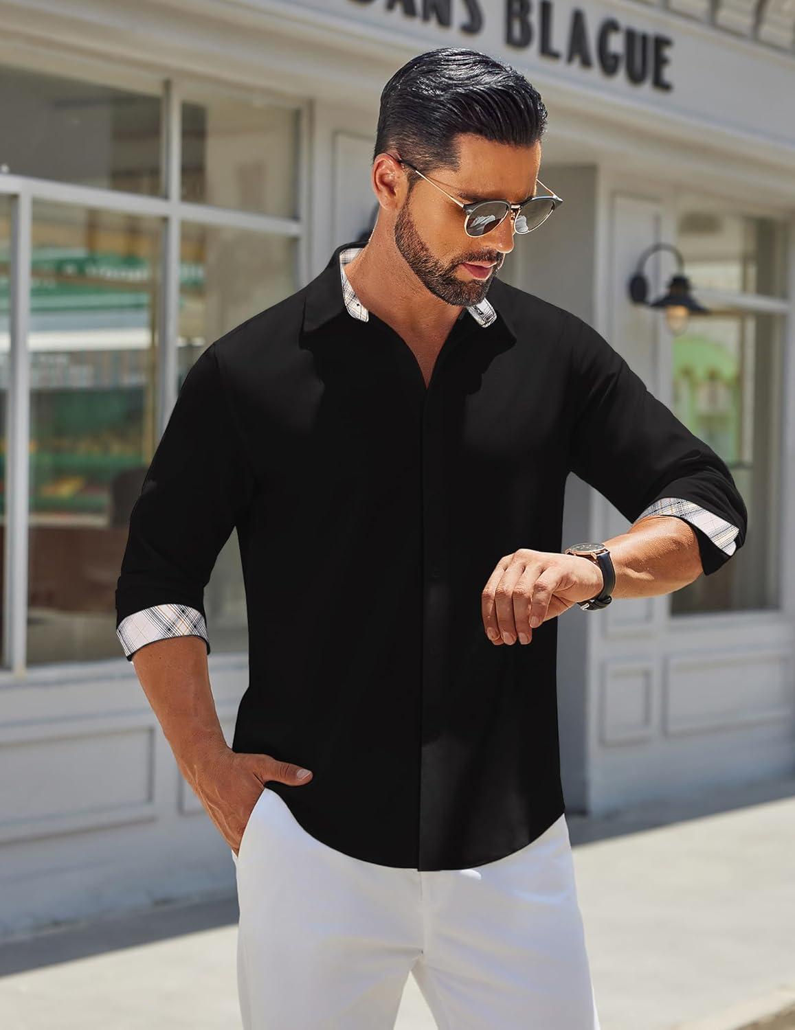 imageCOOFANDY Mens Long Sleeve Button Down Shirts Casual Untucked Shirt Regular Fit Dress ShirtBlack