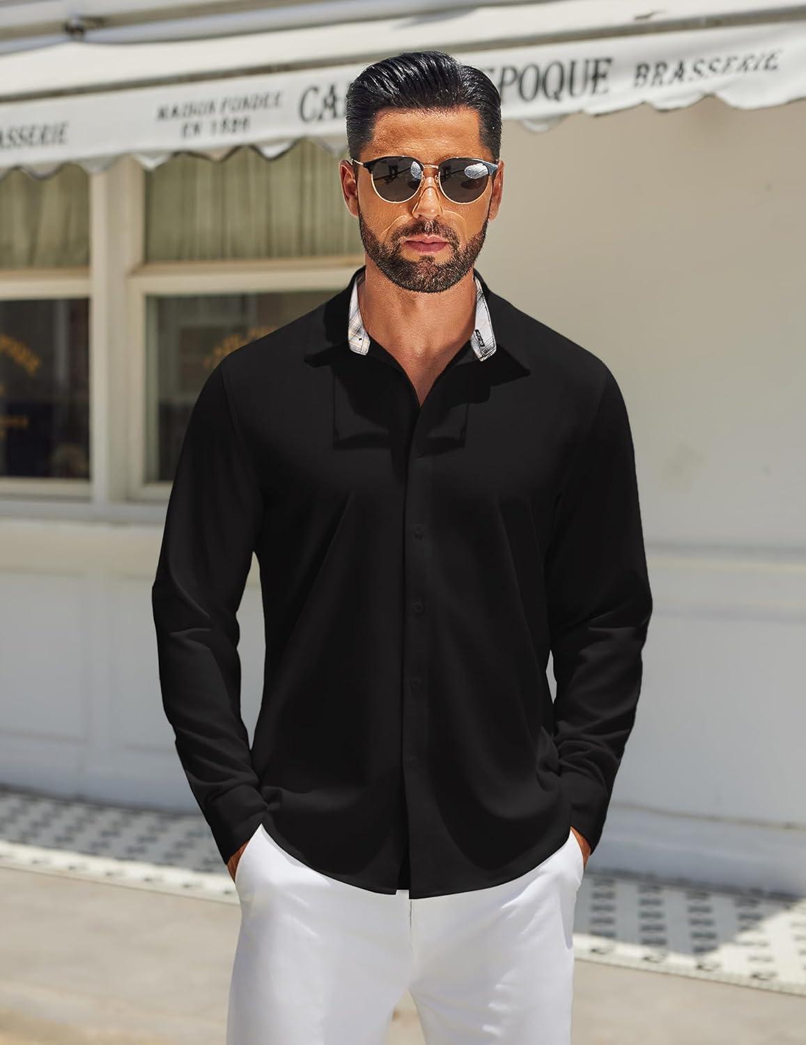 imageCOOFANDY Mens Long Sleeve Button Down Shirts Casual Untucked Shirt Regular Fit Dress ShirtBlack